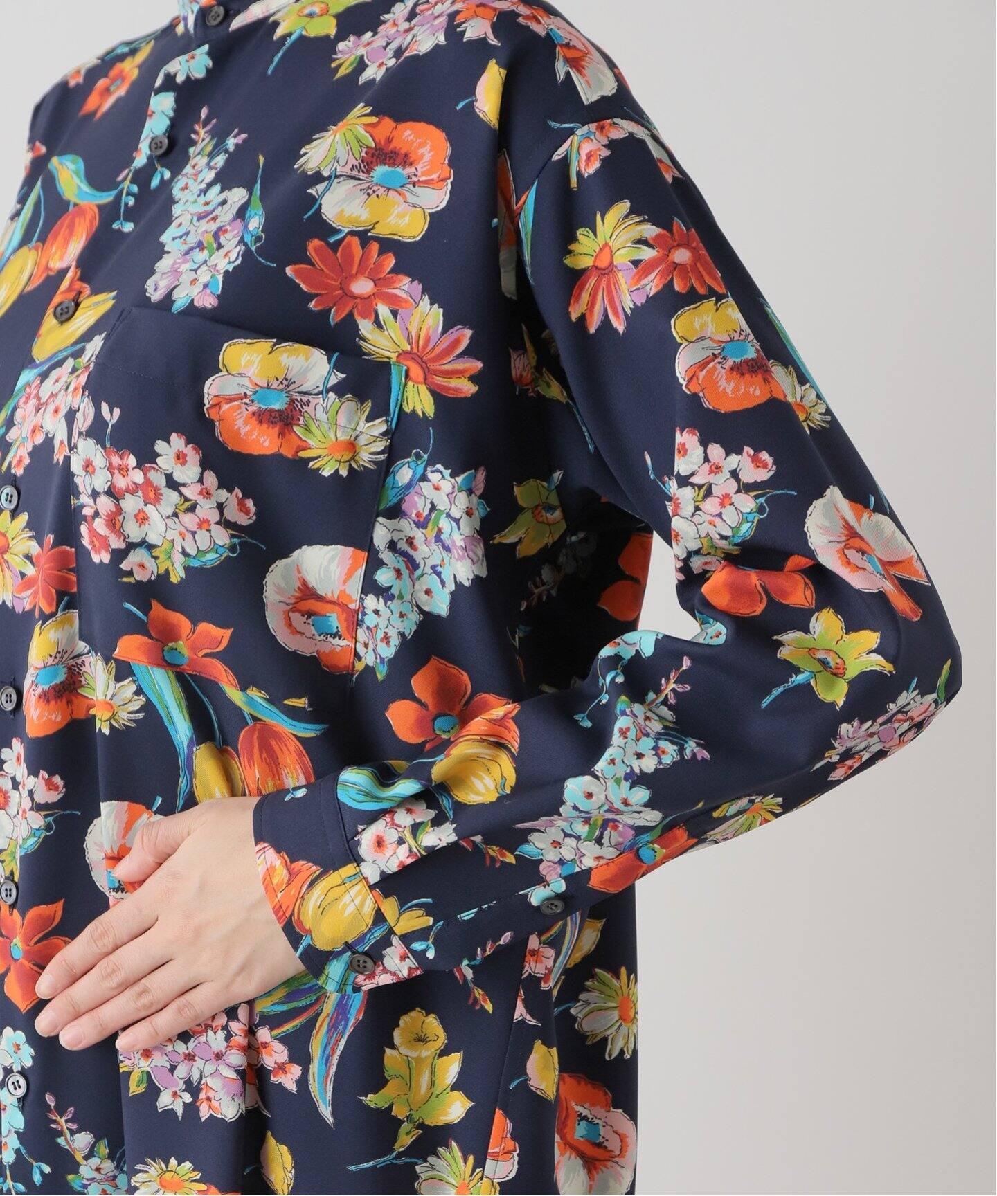 フラワープリントバンドカラーシャツワンピース（ワンピース  