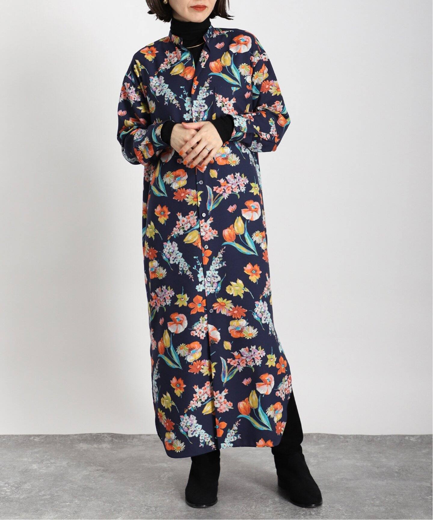 フラワープリントバンドカラーシャツワンピース（ワンピース  