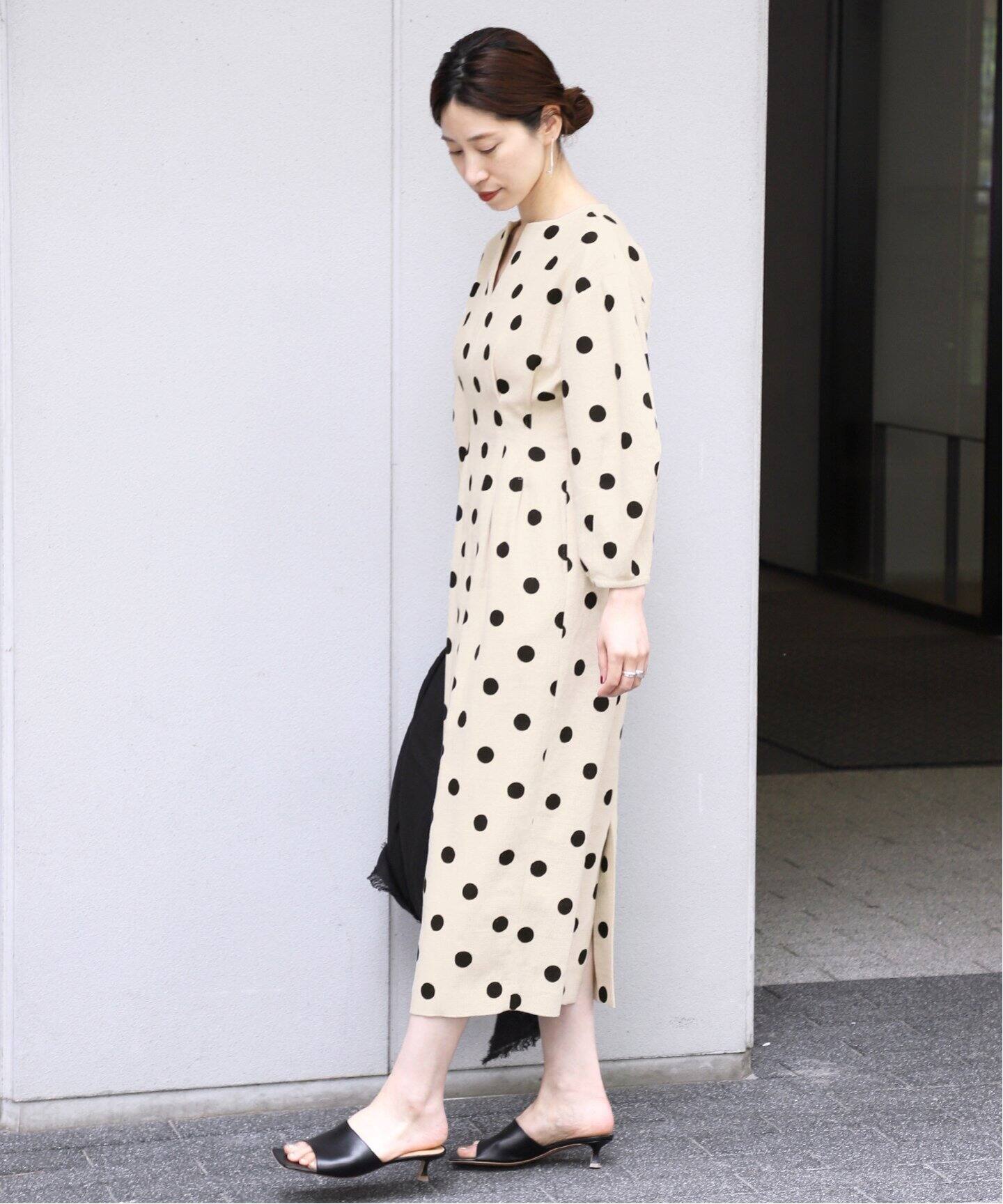 綿麻ドットプリントウエストシェイプワンピース（ワンピース  