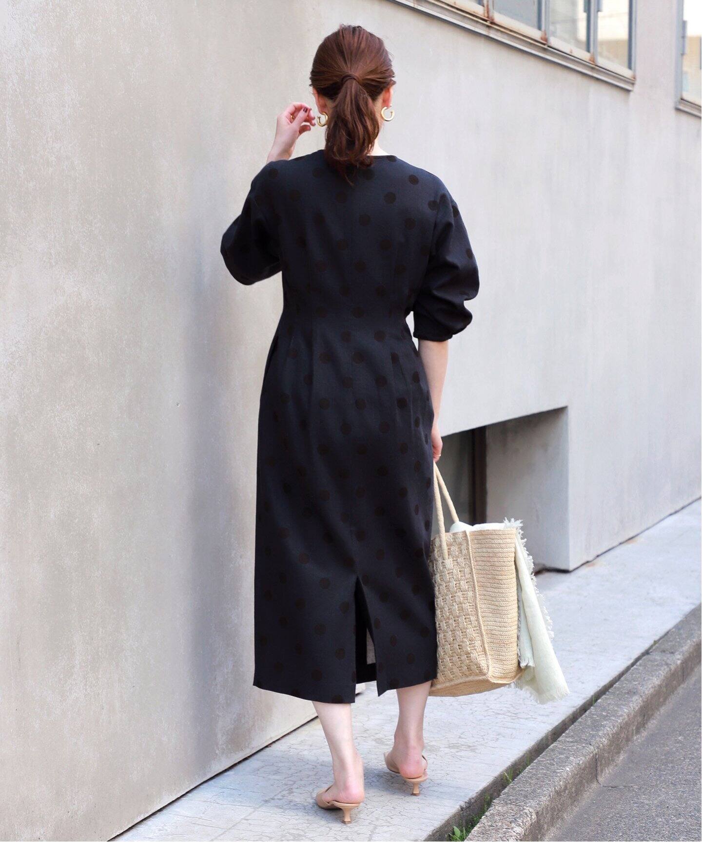 綿麻ドットプリントウエストシェイプワンピース（ワンピース  