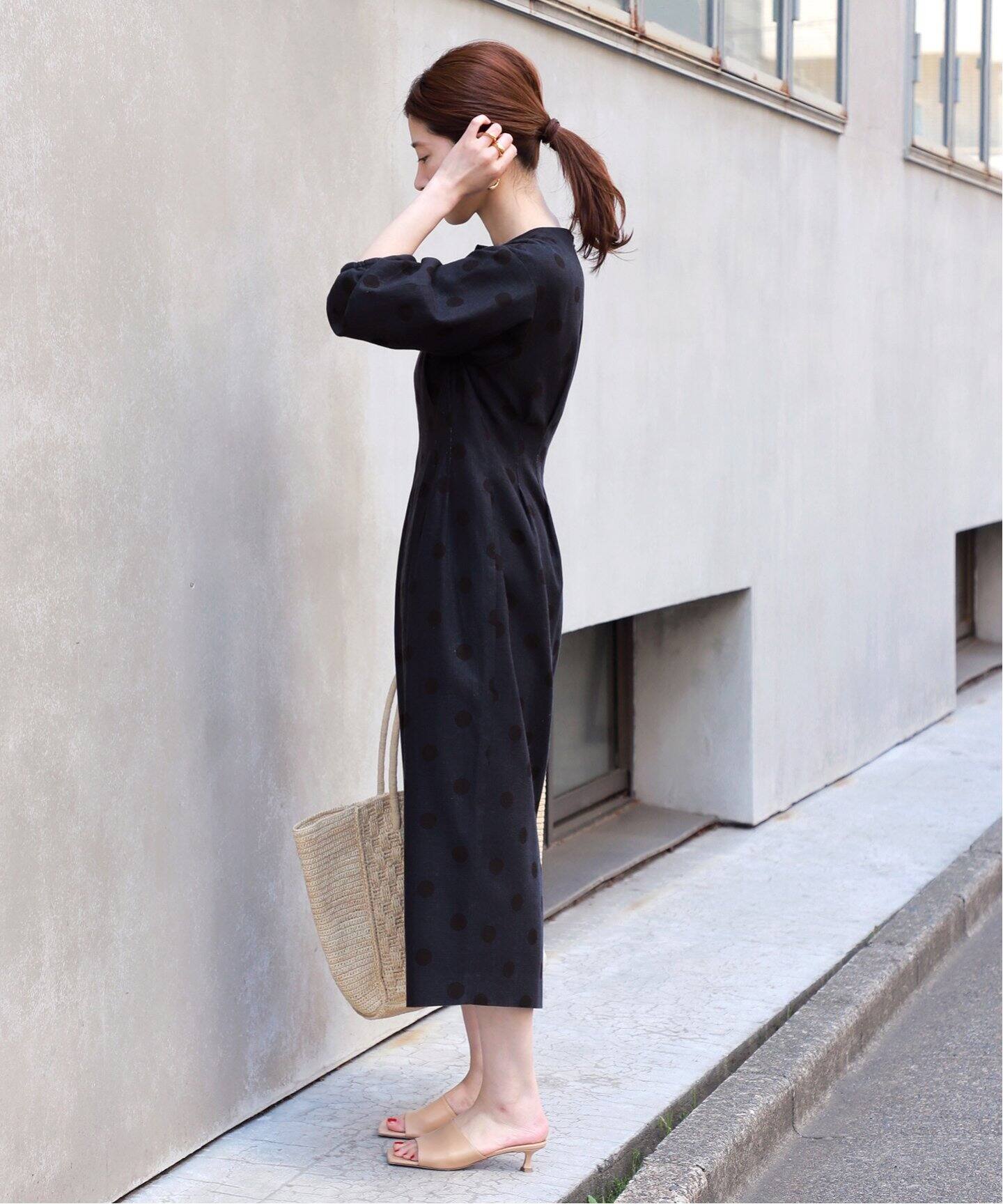 綿麻ドットプリントウエストシェイプワンピース（ワンピース  