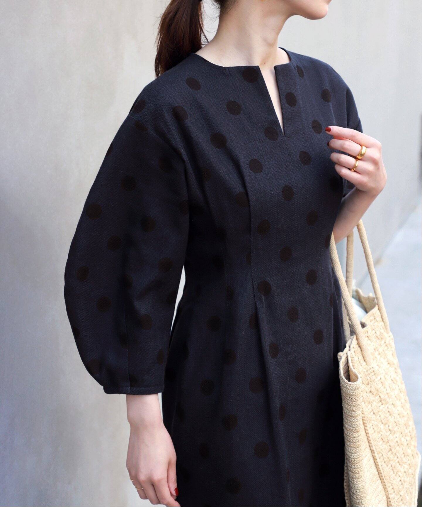 綿麻ドットプリントウエストシェイプワンピース（ワンピース  