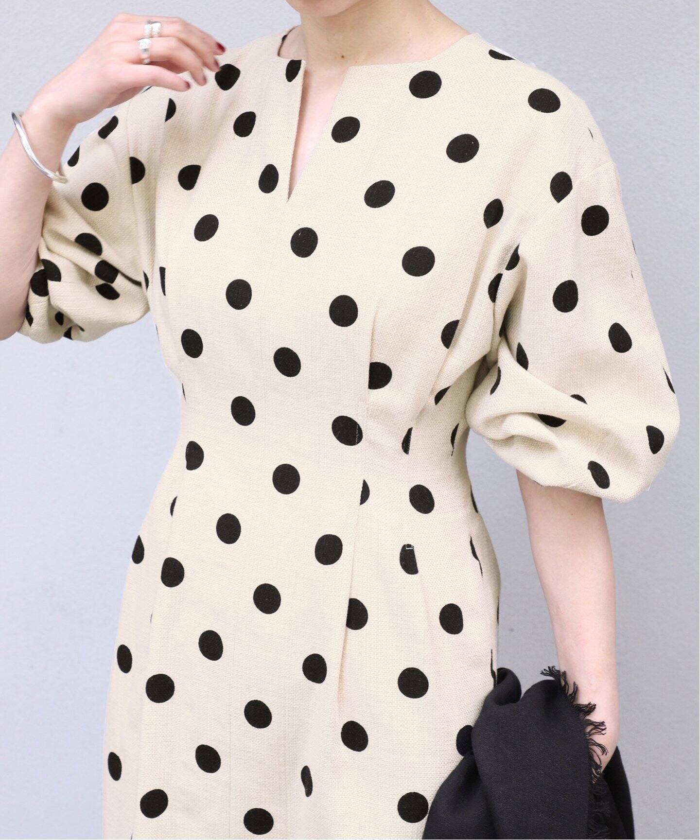 綿麻ドットプリントウエストシェイプワンピース（ワンピース  