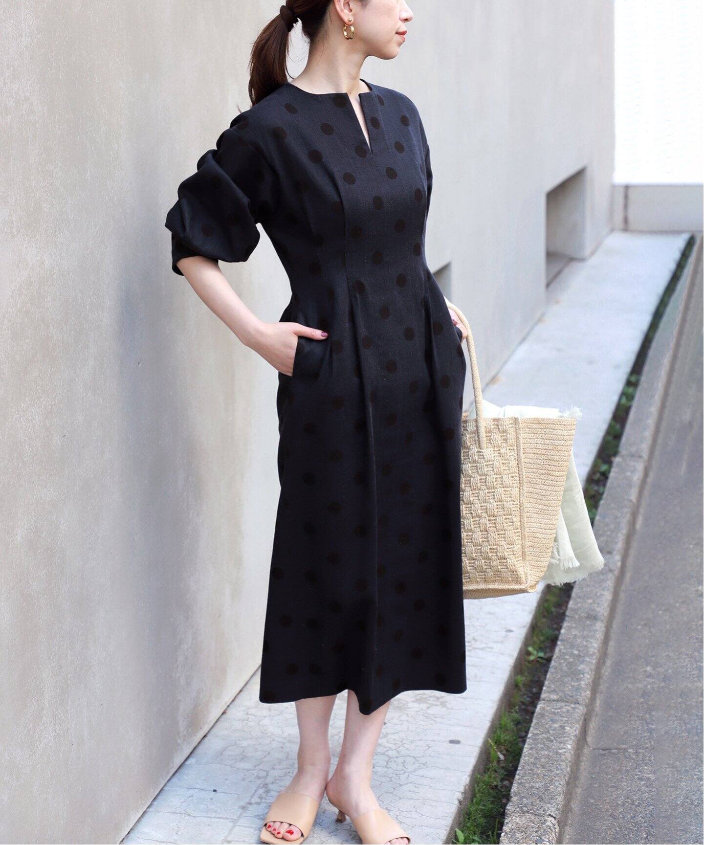 綿麻ドットプリントウエストシェイプワンピース（ワンピース  