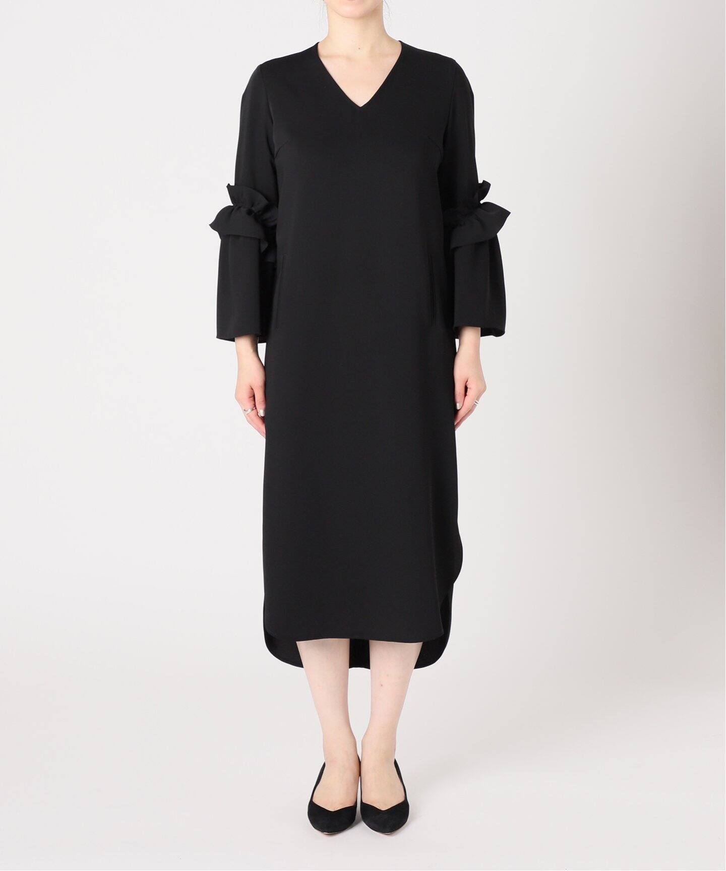 Room no.8 BLACK/ルームエイトブラック】MAT SATIN FRILL/S V/N DRESS 