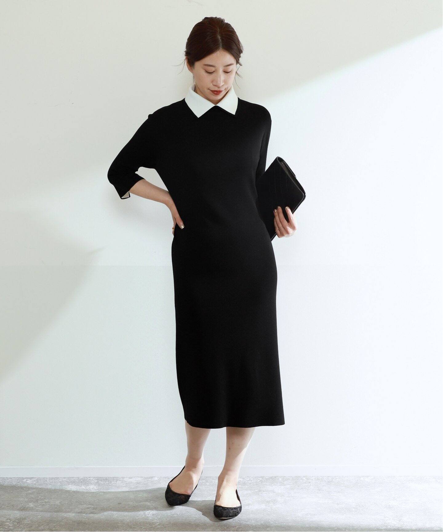 Room no.8 BLACK/ルームエイトブラック】NEEDLE BI-COLLAR DRESS  