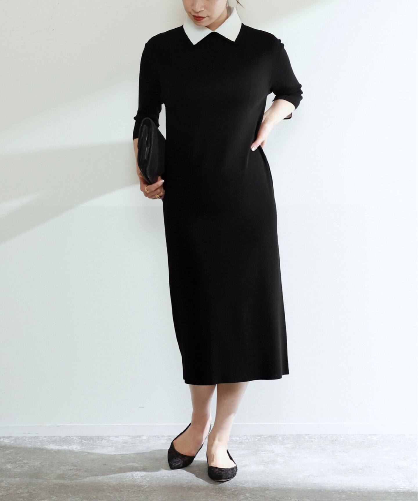 Room no.8 BLACK/ルームエイトブラック】NEEDLE BI-COLLAR DRESS  