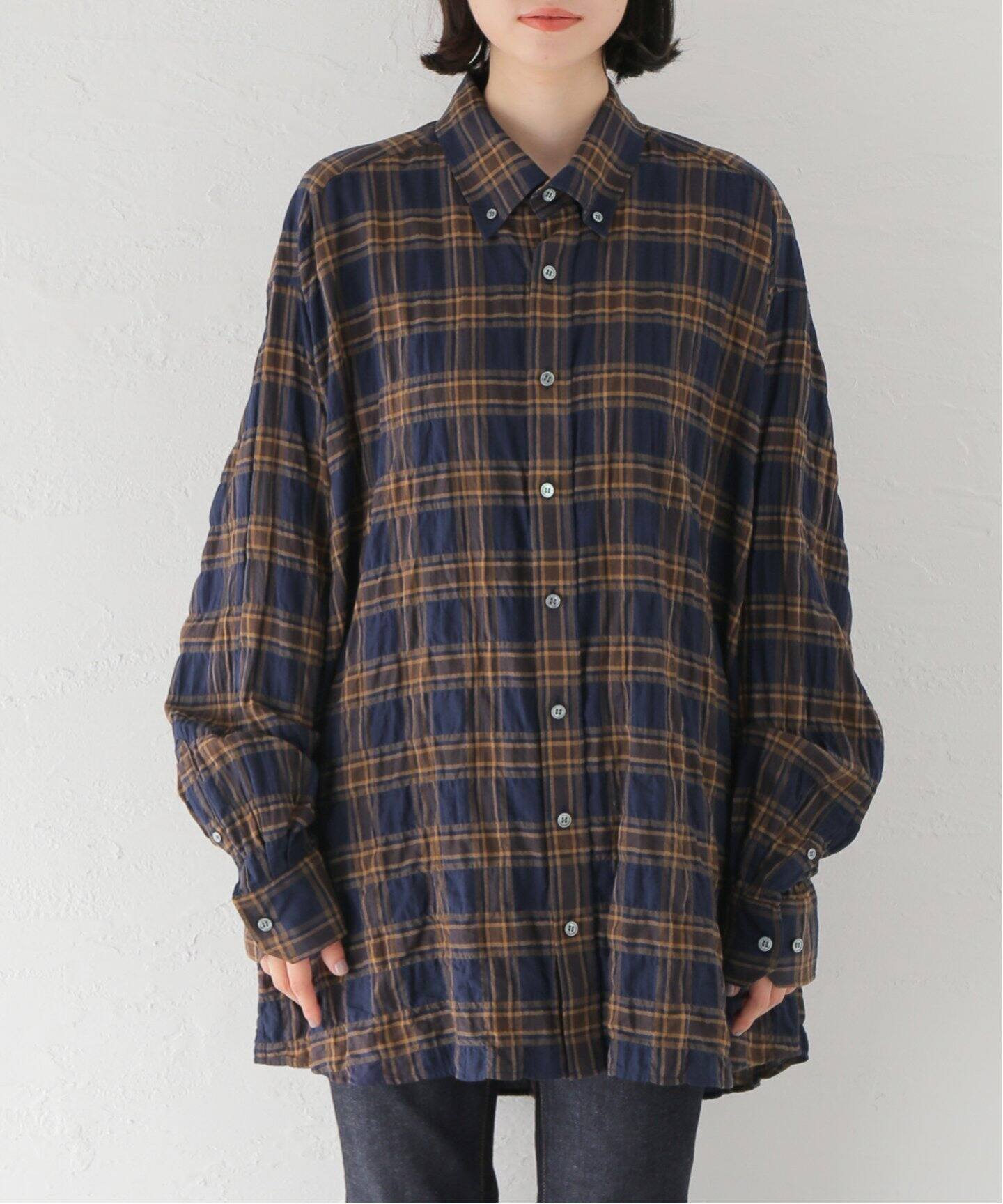 シャツ 「GRANCY」Shirring Design Bleach おとなしく Check Shirt 