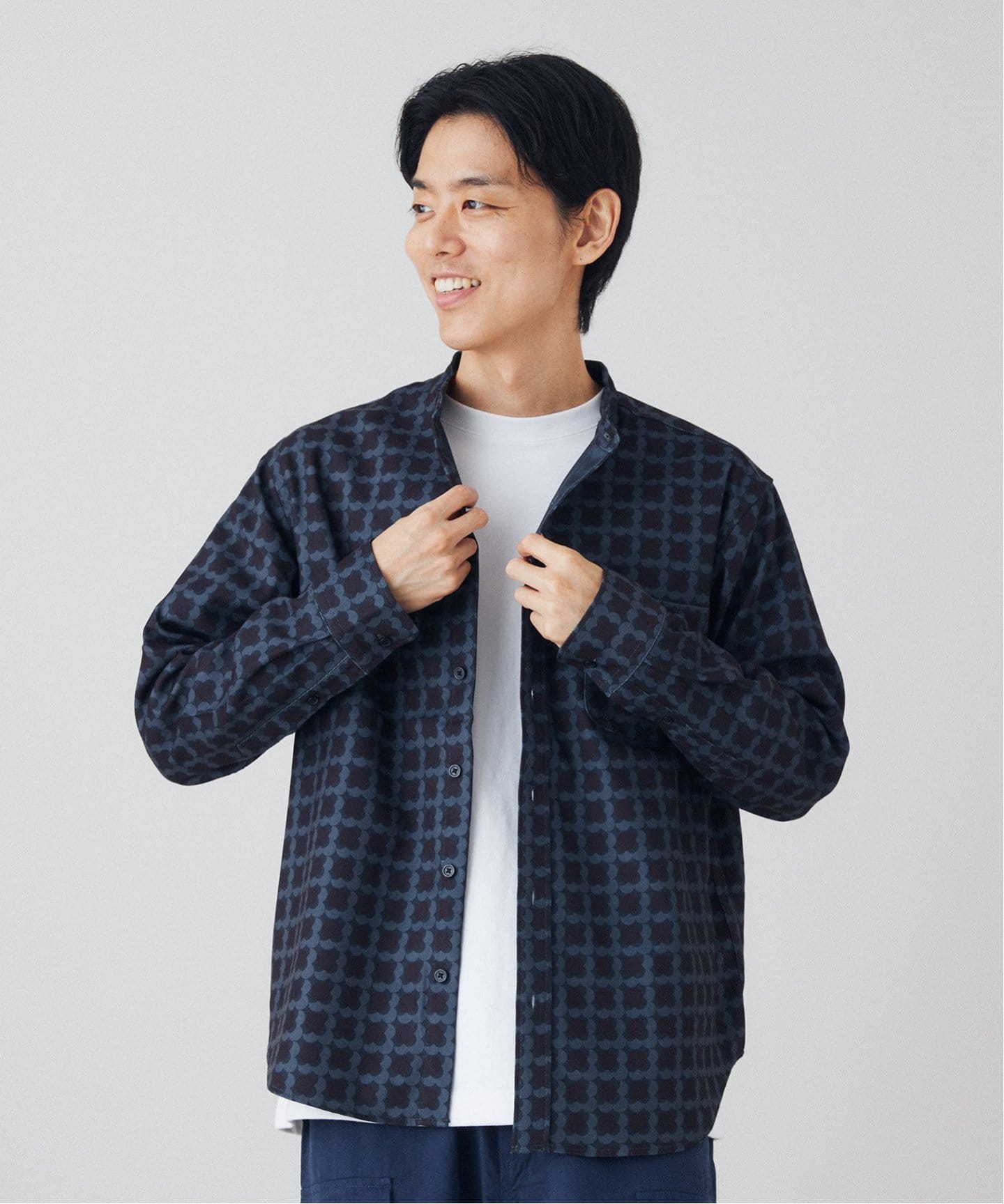 ディセンダント　シャツ　4　グリーン　チェック　バンドカラー MIDCENTURY PATTERN バンドカラーシャツ（シャツ／ブラウス