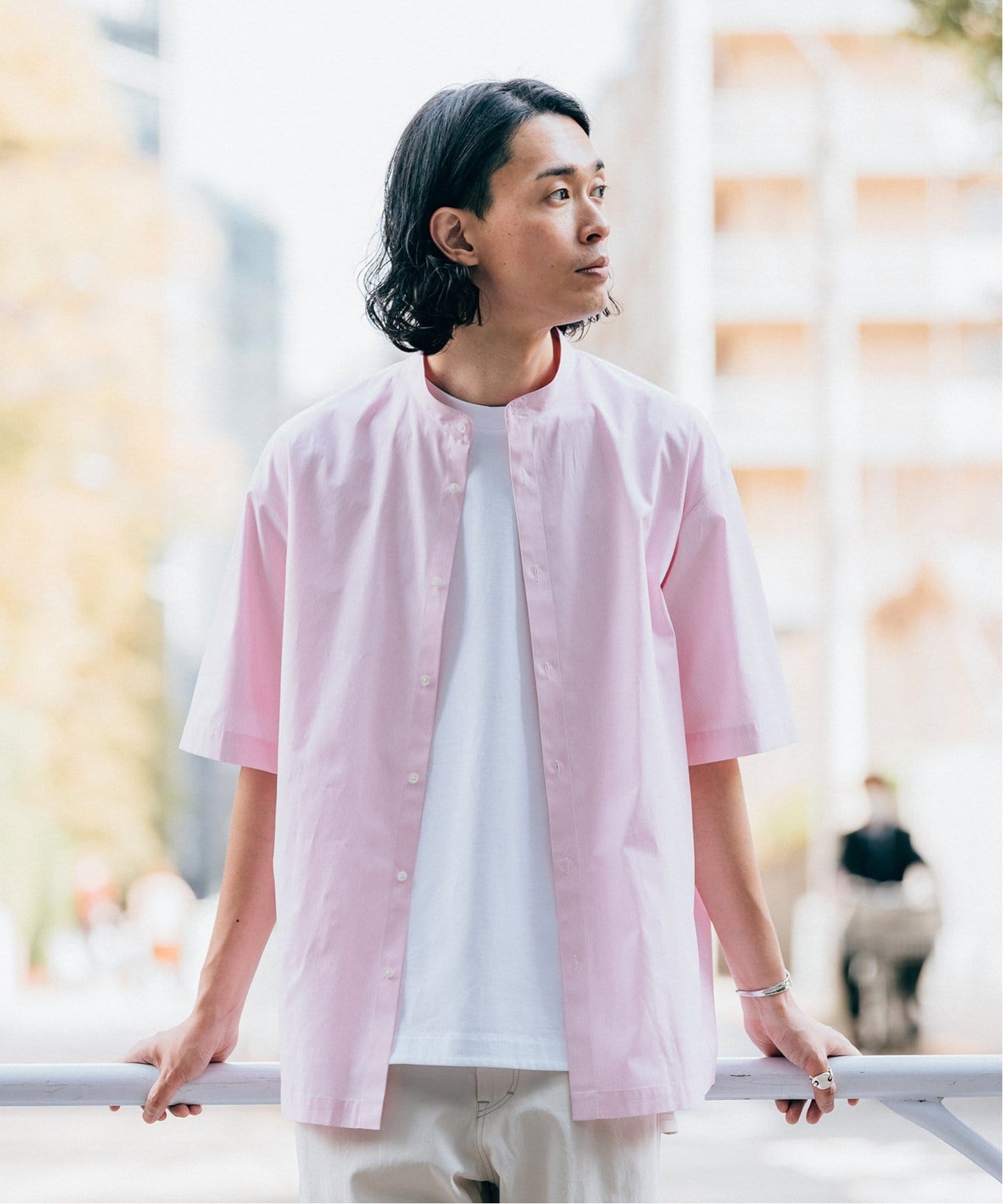 EDIFICE ATON 別注 ストライプオーバーサイズ バンドカラー半袖シャツ