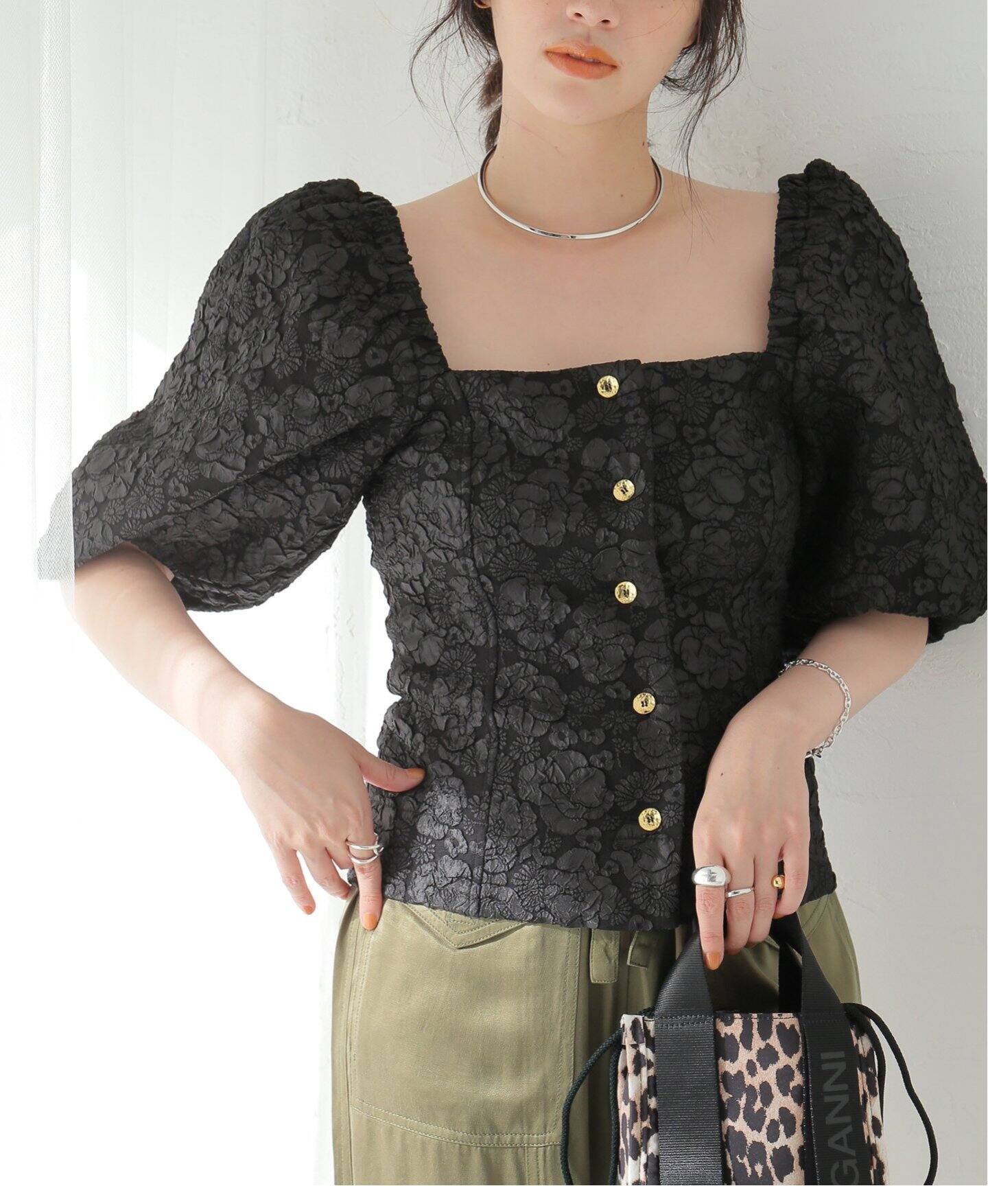 GANNI/ガニー】Stretch Jacquard Fitted Blouse：ブラウス（シャツ 