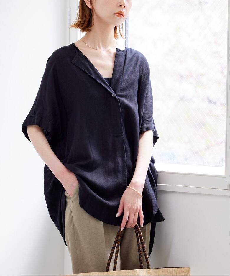 アウトレットEC販売禁止※《追加2》レーヨン麻ノーカラーブラウス 