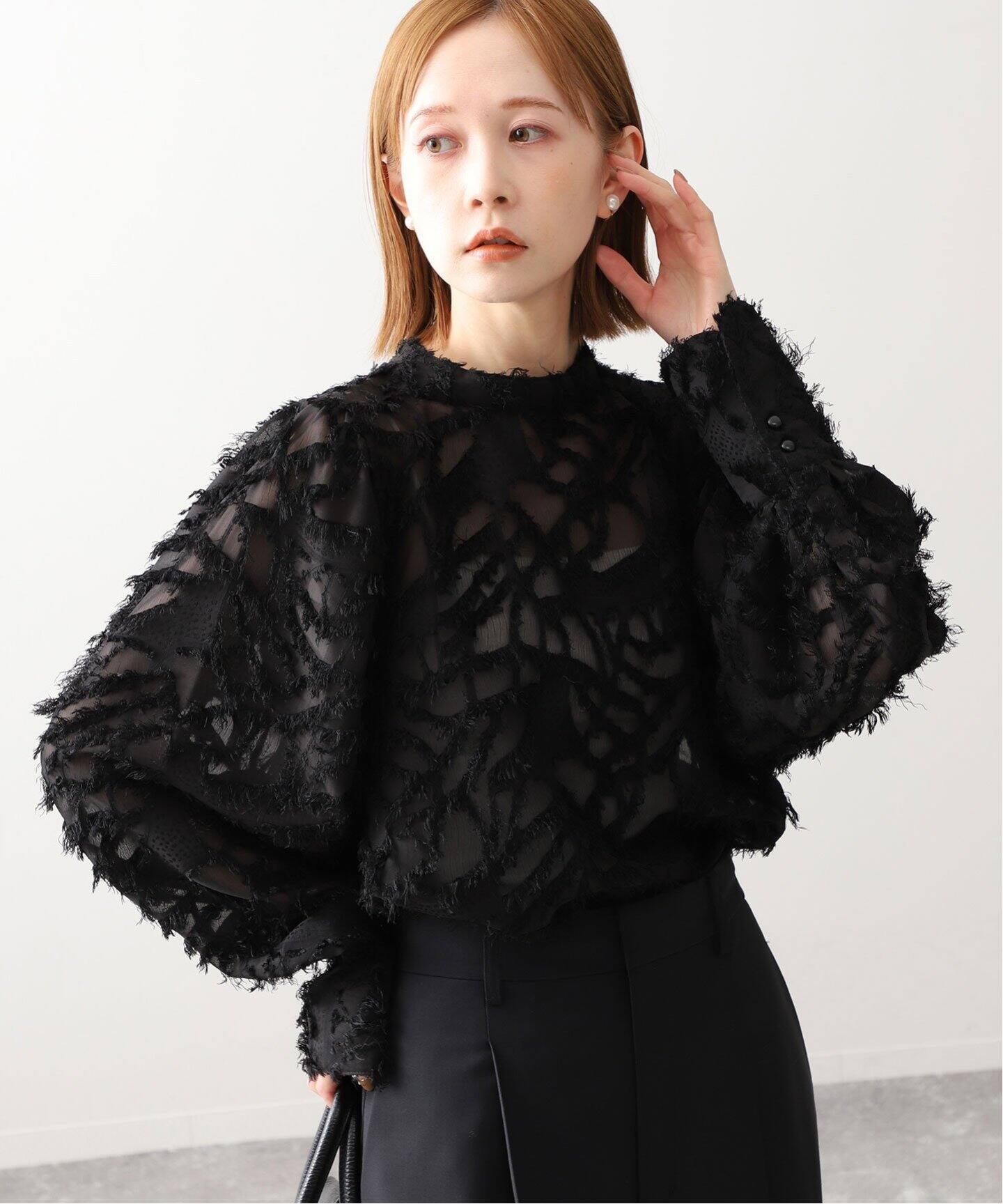 フリンジジャガードボリュームスリーブブラウス（シャツ／ブラウス  