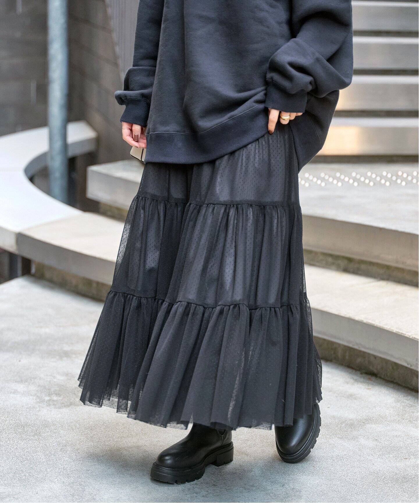 チュールドットティアードスカート（ロング・マキシ丈スカート  