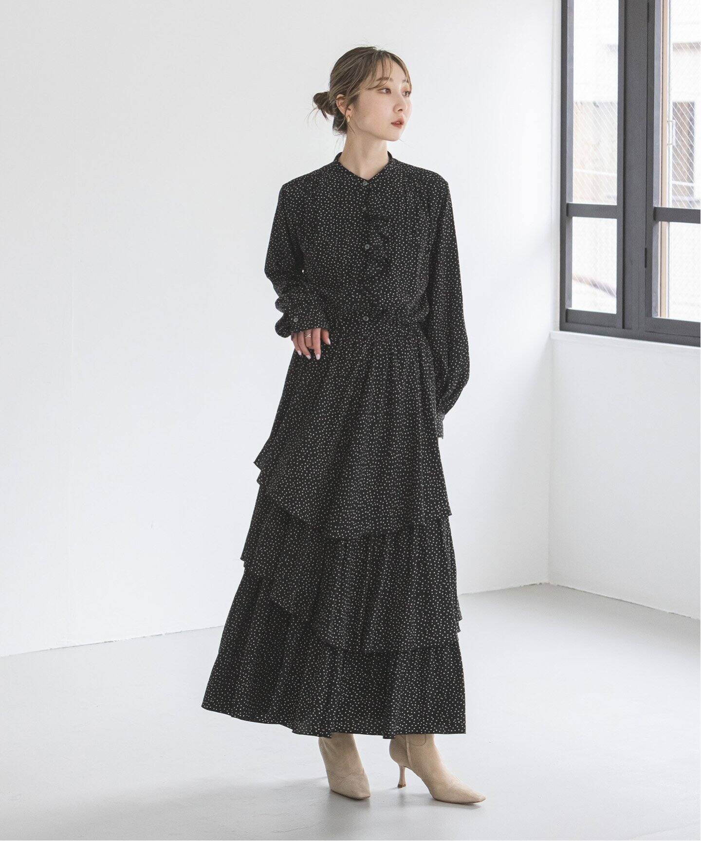 ランダムドットティアードスカート（ロング・マキシ丈スカート  