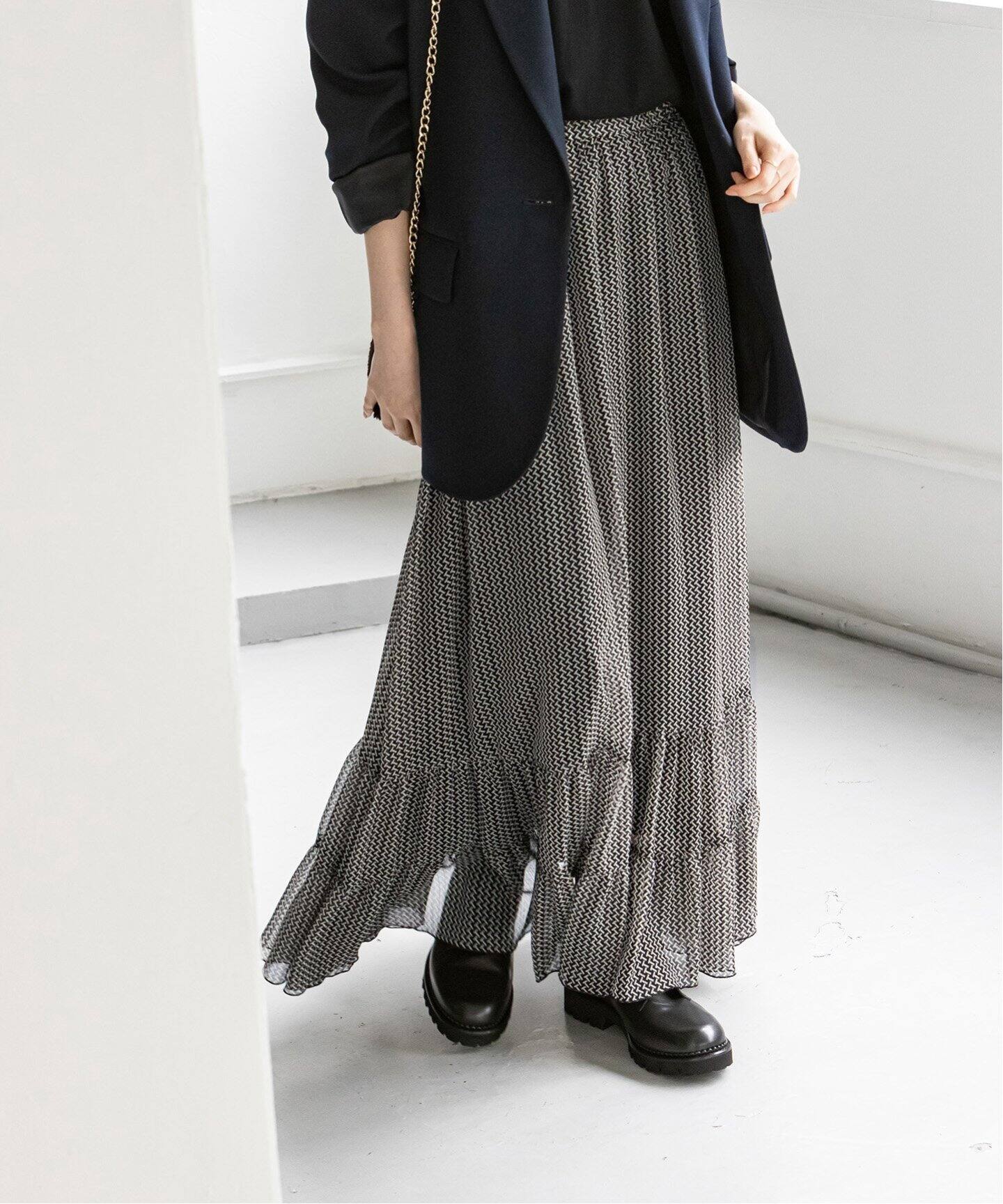 ジオメトリックプリントヘムフリルスカート（ロング・マキシ丈スカート  