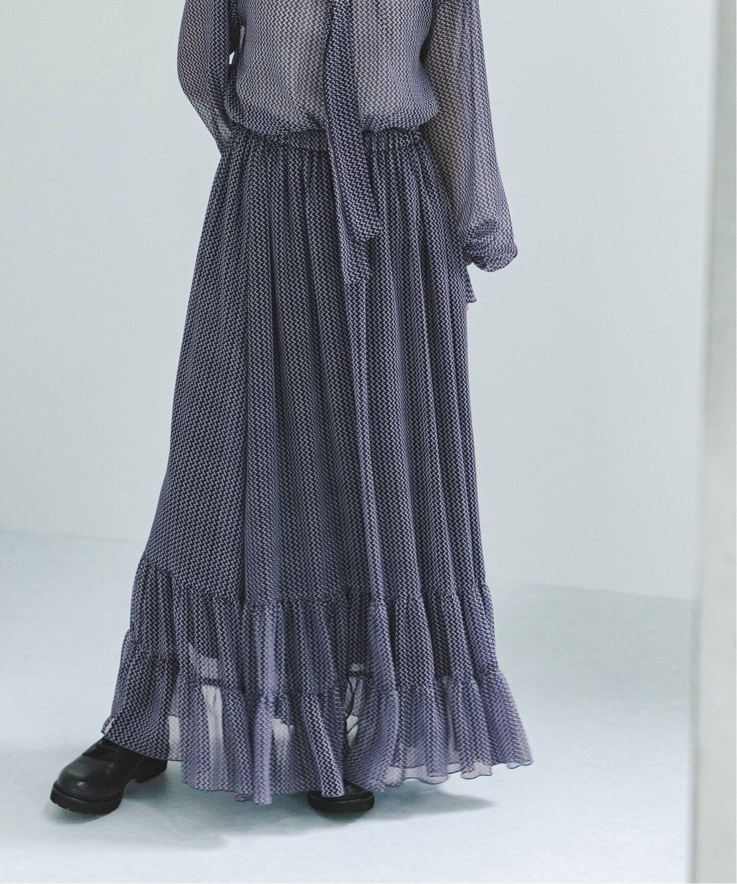 ジオメトリックプリントヘムフリルスカート（ロング・マキシ丈スカート  