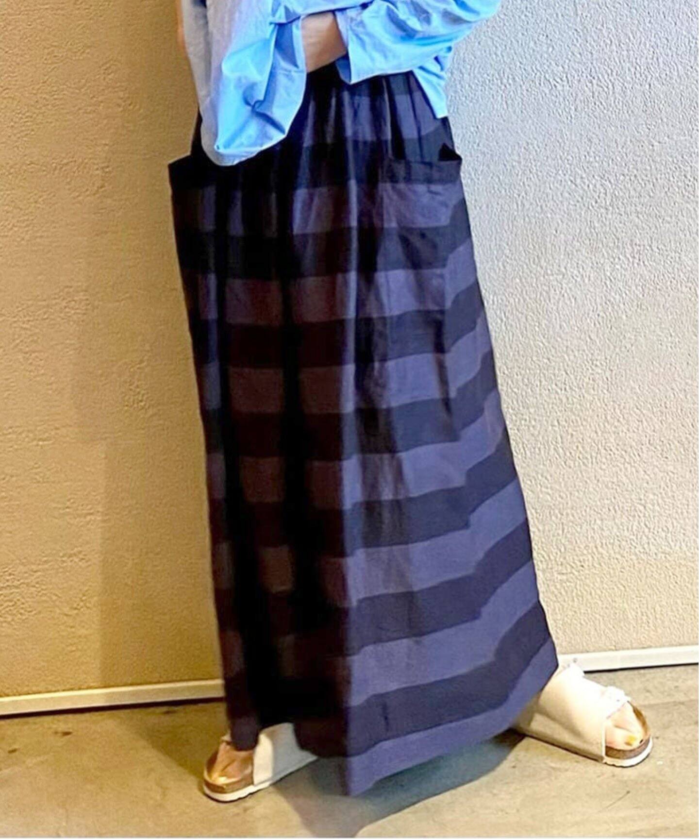 リネンBigボーダー ギャザースカート（ロング・マキシ丈スカート 