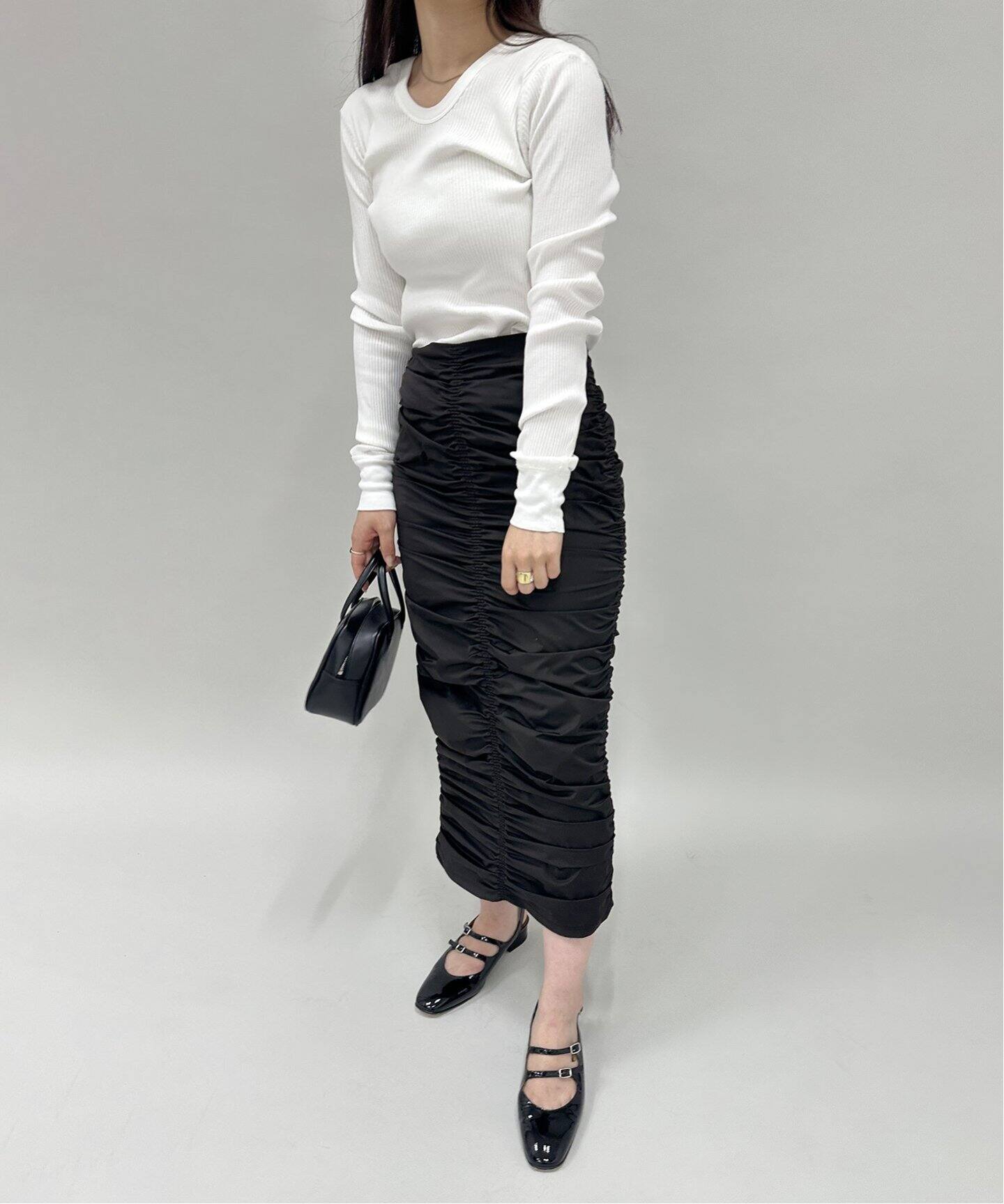 ストレッチタフタ シャーリングスカート（ロング・マキシ丈スカート  