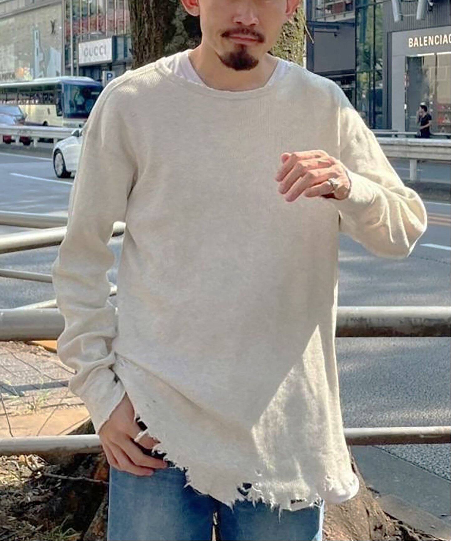ANCELLM / アンセルム】DAMAGE WAFFLE CREW LS T-SHIRT（Tシャツ 