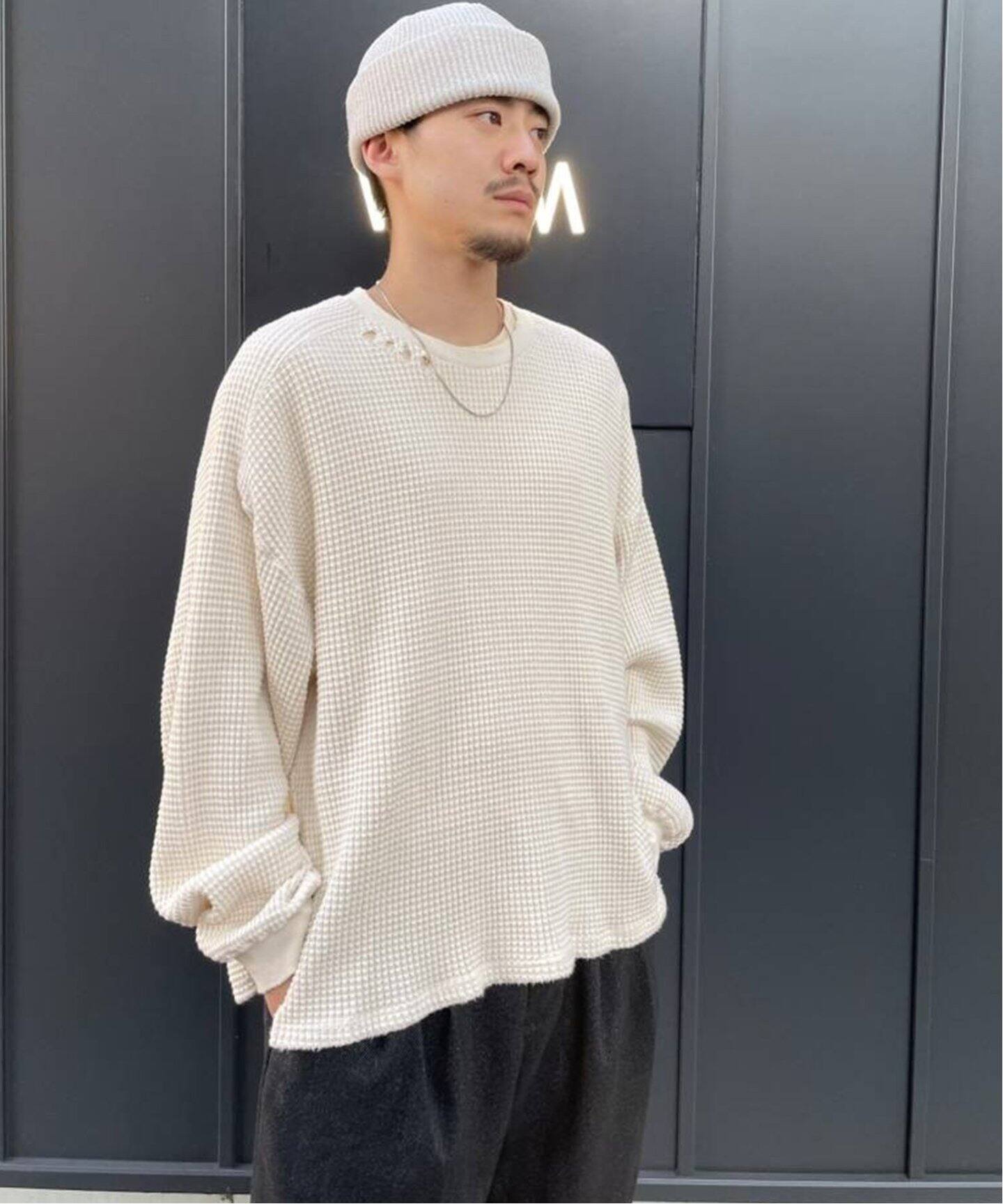 ANCELLM / アンセルム】DAMAGE HEAVY WAFFLE OVERSIZED LS（Tシャツ 