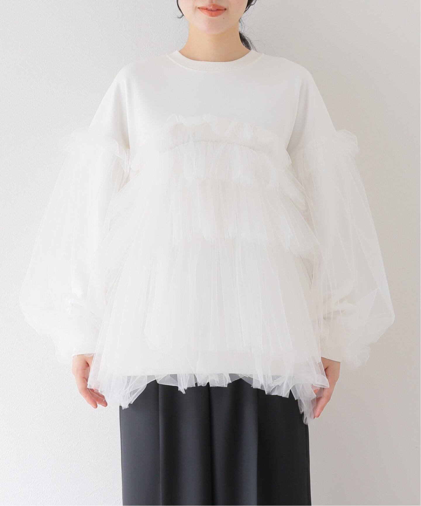 VIVIANO / ヴィヴィアーノ】別注Gathered Tulle Trimmed スウェット  