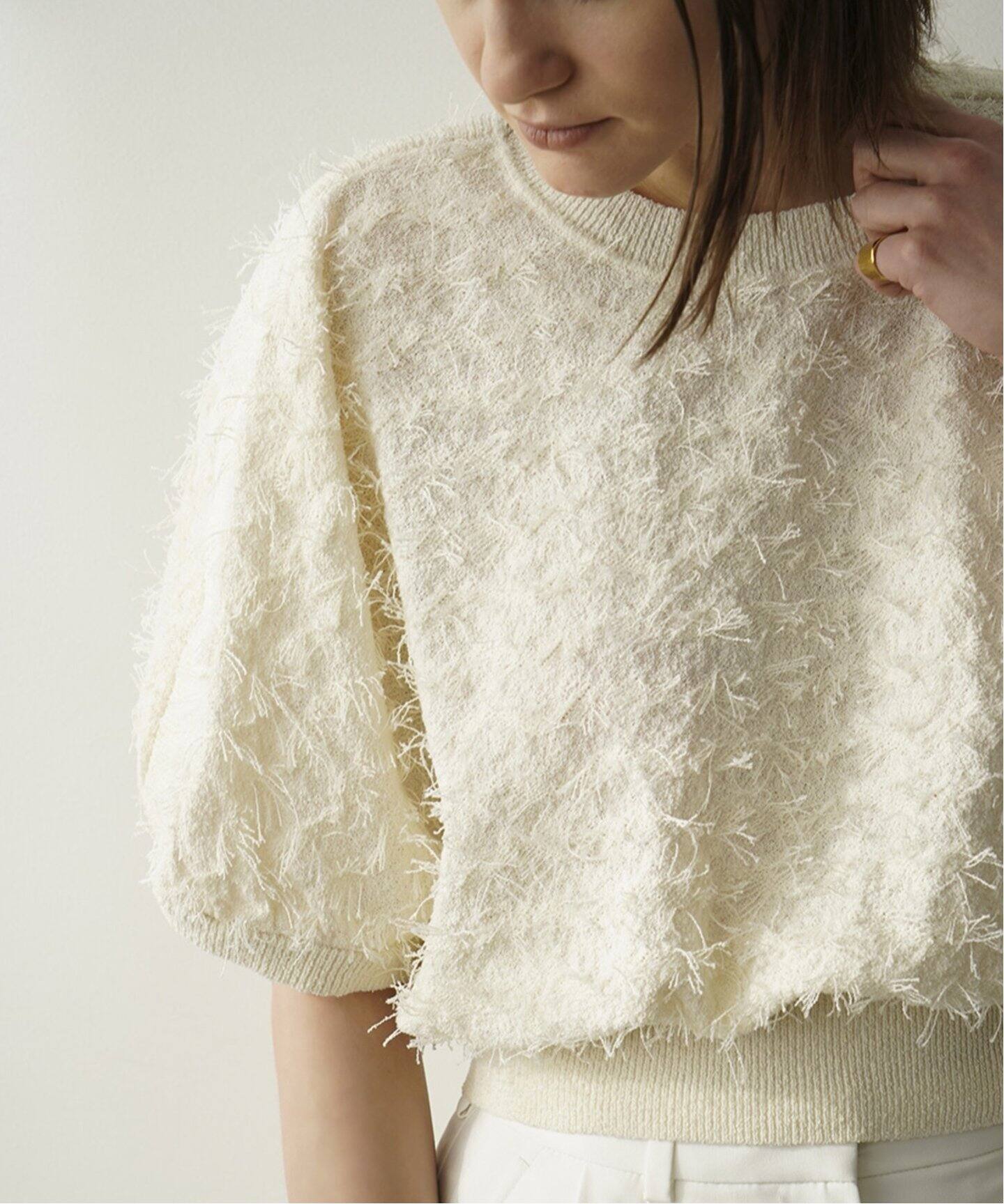CLANE / クラネ】FRINGE ARCH SLEEVE KNIT TOPS（Tシャツ／カットソー 