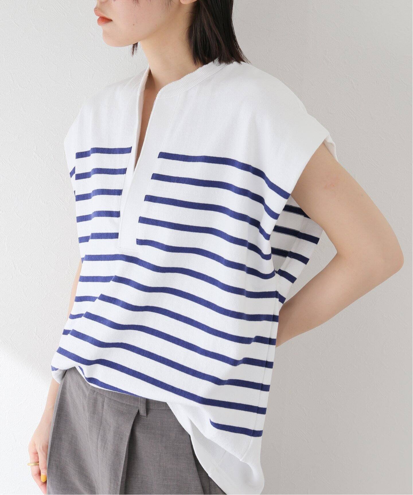 CLANE / クラネ】WIDE HENLEY NECK N/S BORDER TOPS（Tシャツ 