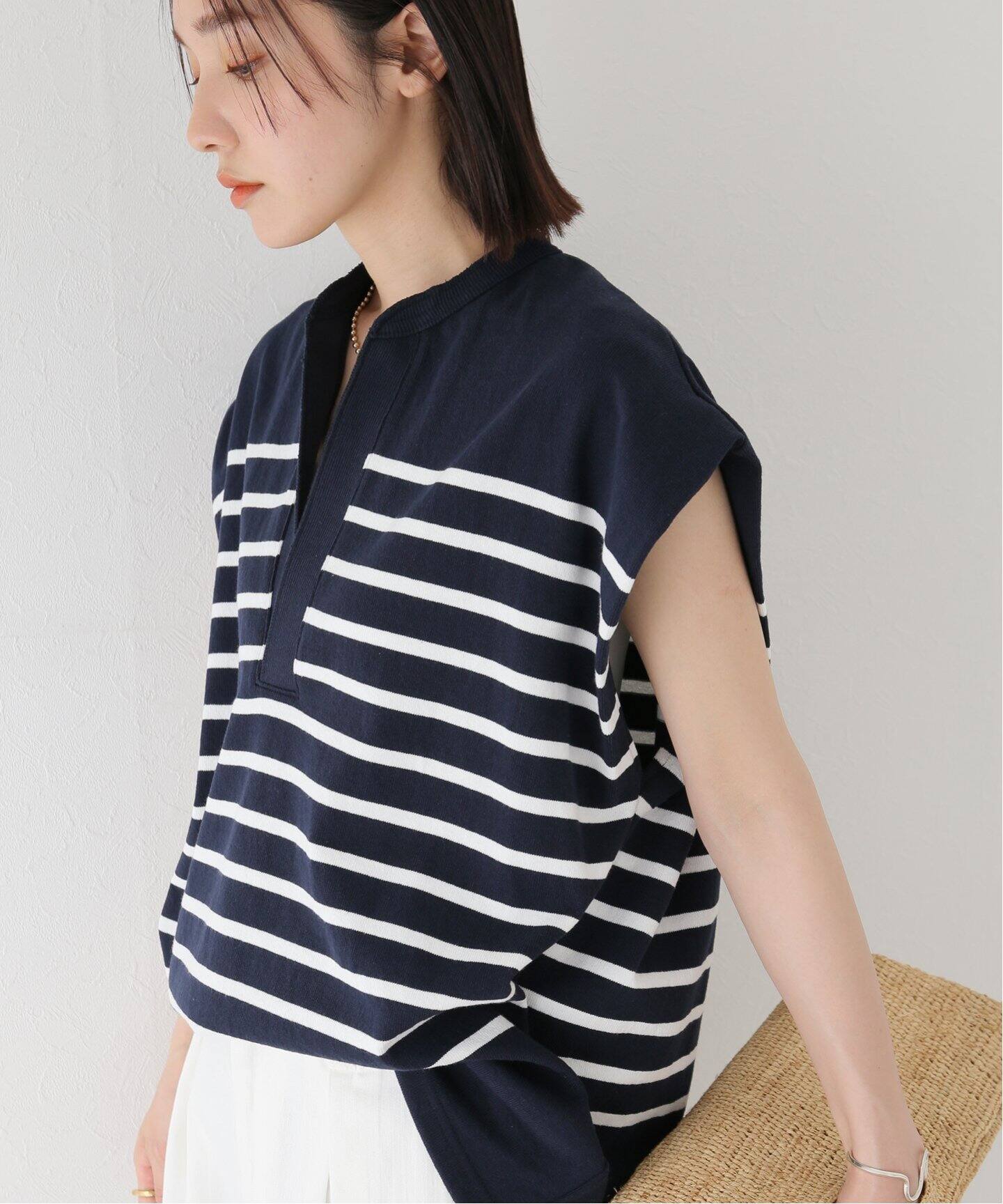 CLANE / クラネ】WIDE HENLEY NECK N/S BORDER TOPS（Tシャツ 