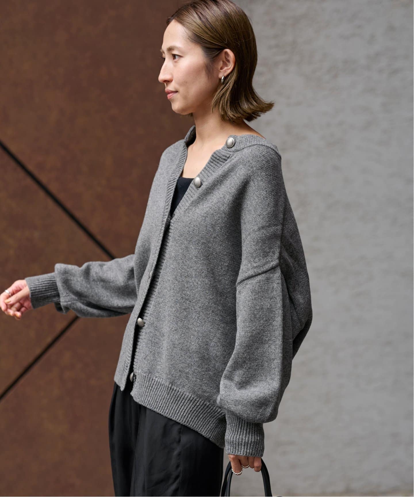 フレームワークメタルボタン2WAYカーディガングレー