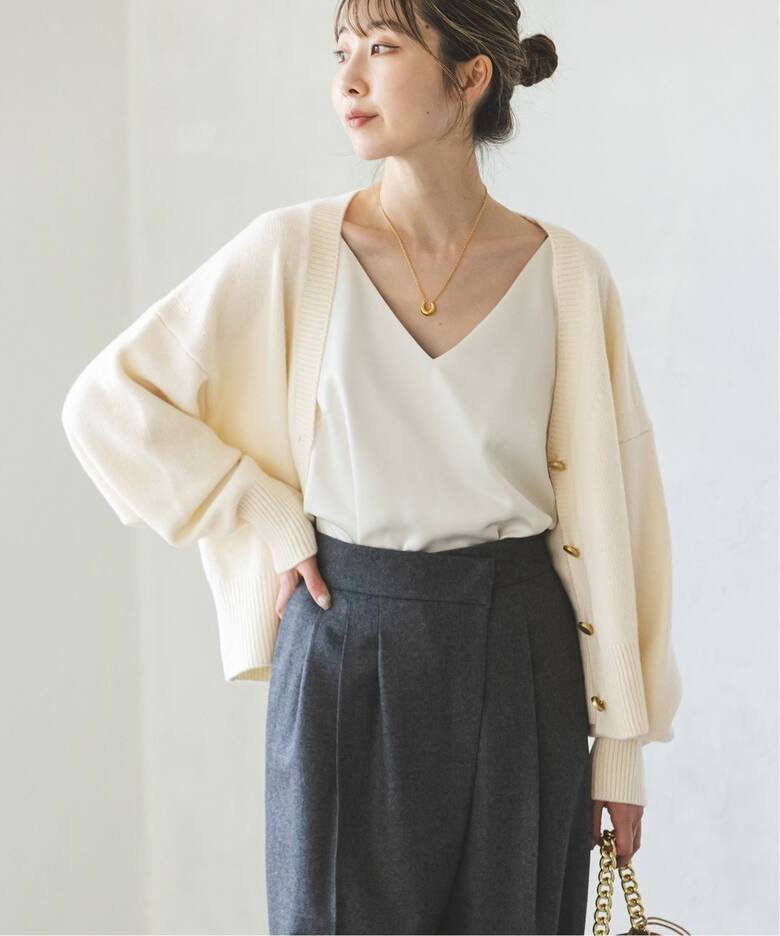 カシミヤ混Vネックパフスリーブカーディガン（カーディガン  