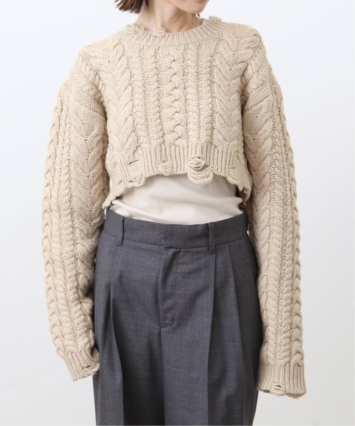 R13/アールサーティーン】 CROPPED CABLE KNIT（ニット／セーター）｜L 