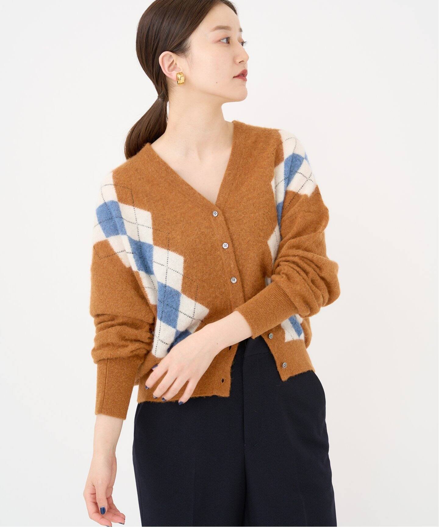 ベビーアルパカ混 アーガイル Vネックカーディガン（カーディガン  