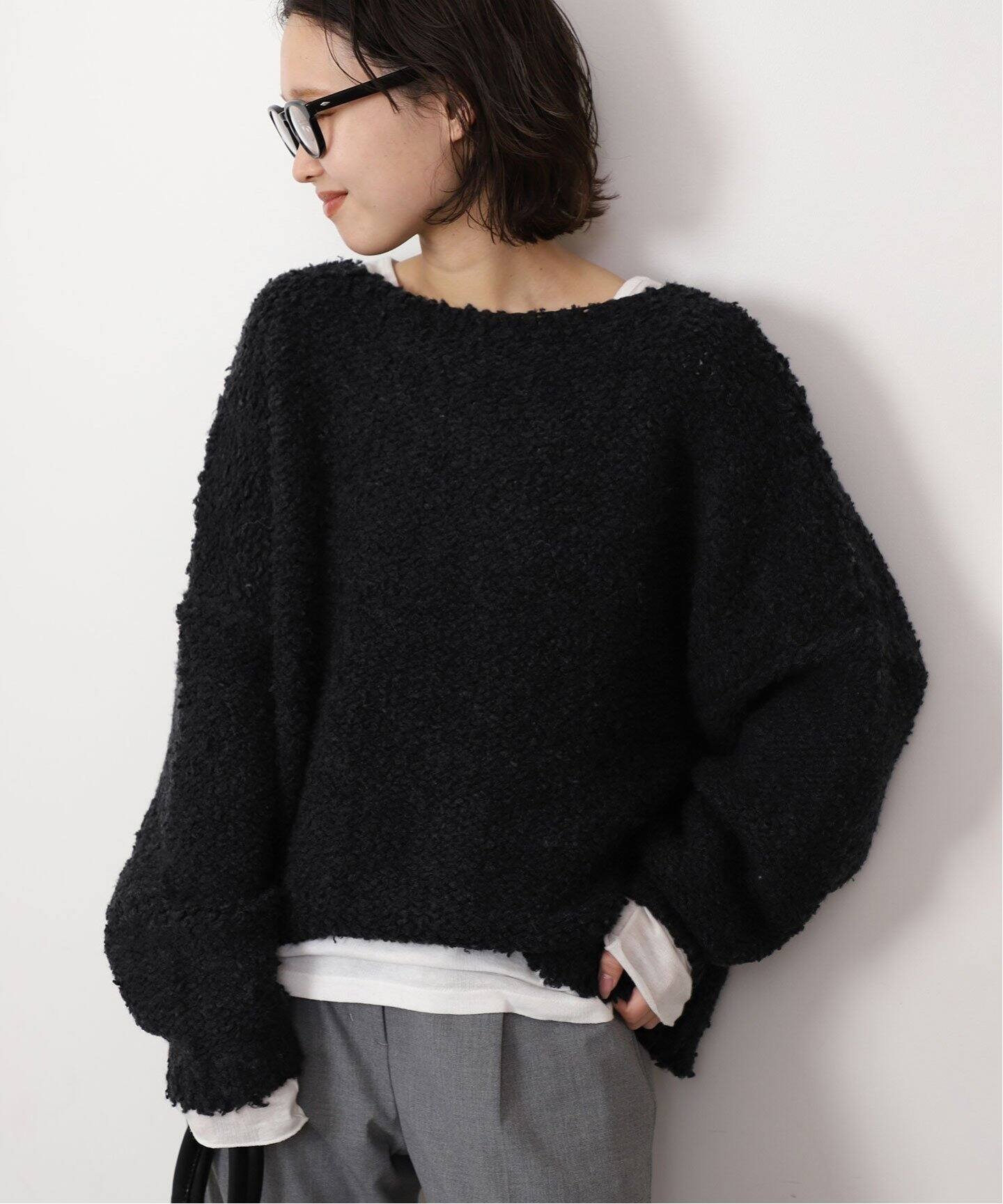シンプル ボートネックニット .M BLACK（アンゴラタッチボートネック 