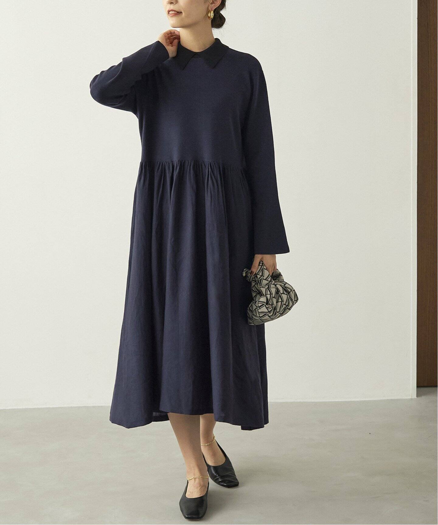 バイカラーネック ニットロングワンピース（ニットワンピース  