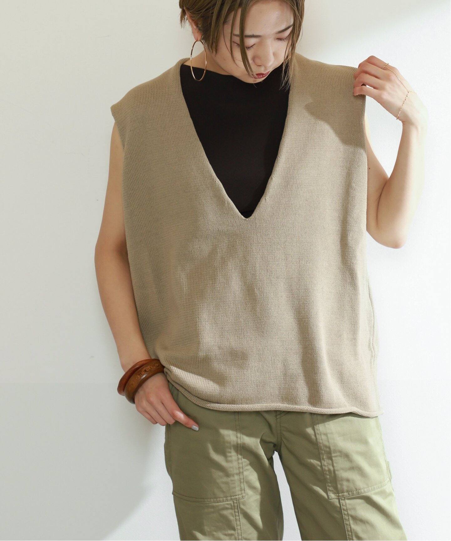 INSCRIRE/アンスクリア】Cotton V Neck No Sleeve Knit（ベスト  