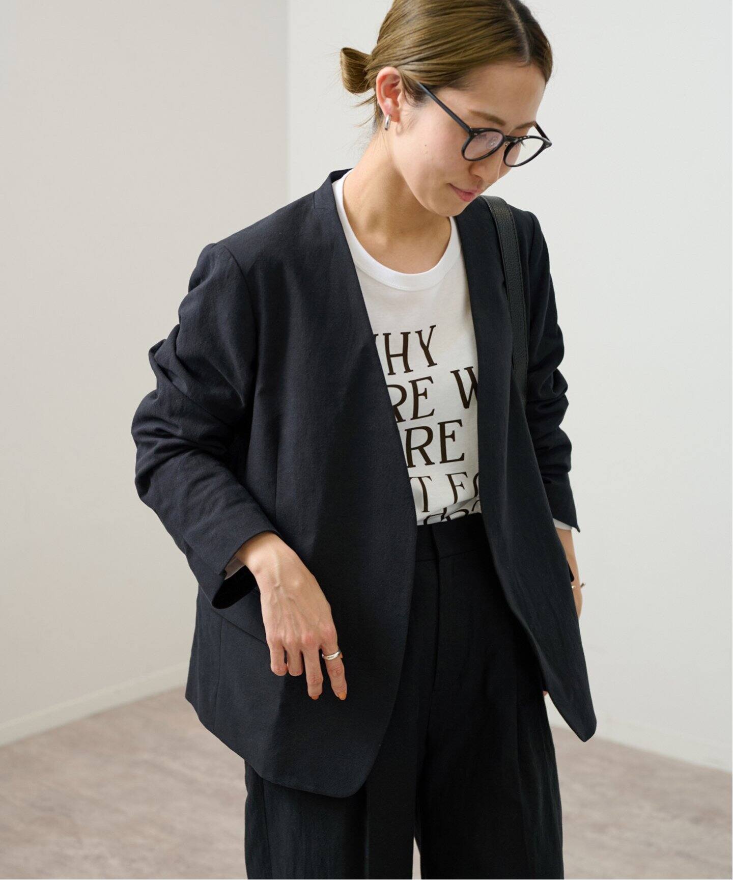 ノーカラーブレザー ブラック （フェイクレザーノーカラーブルゾン  