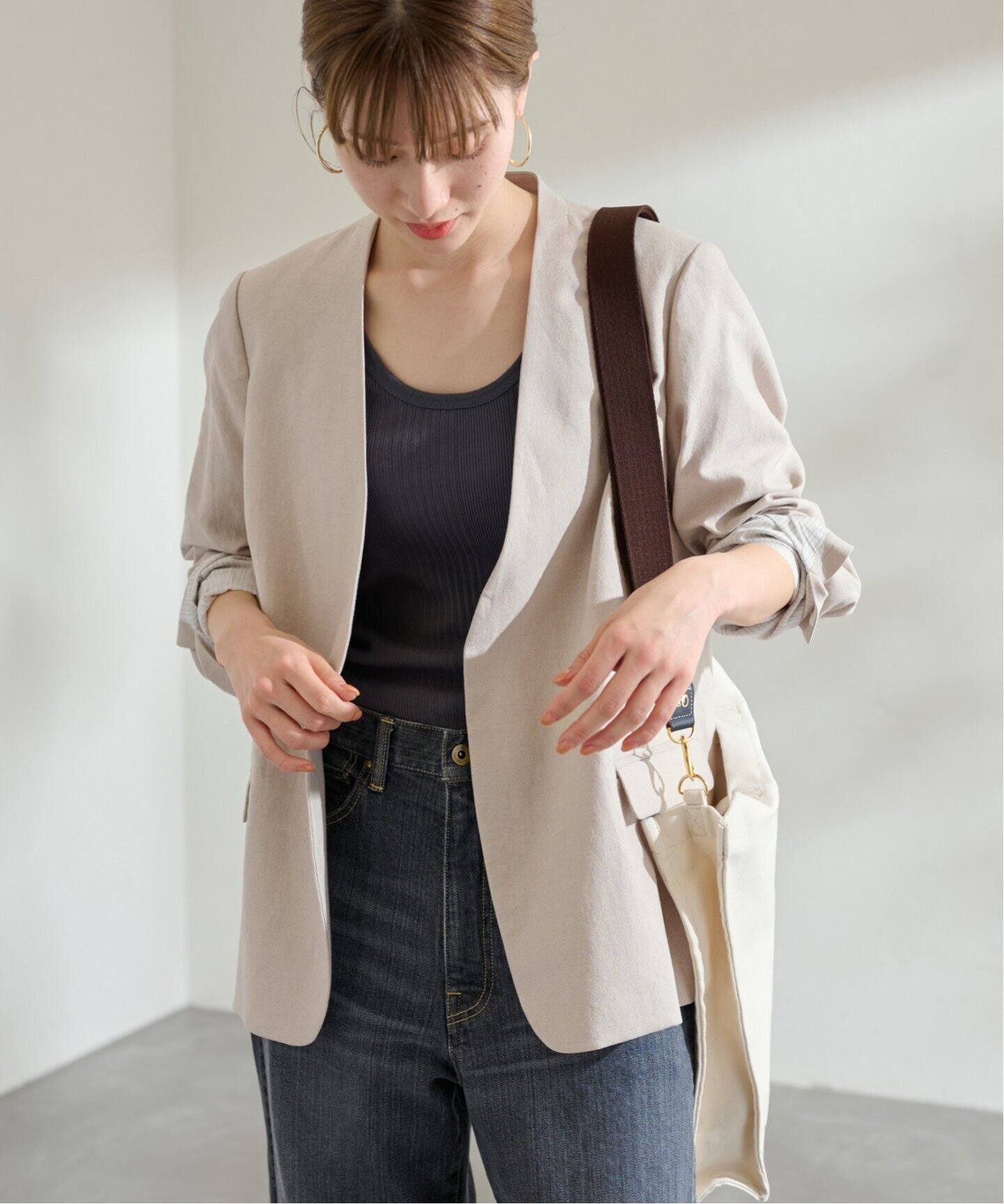 綿麻キャンバスノーカラージャケット（ノーカラージャケット  