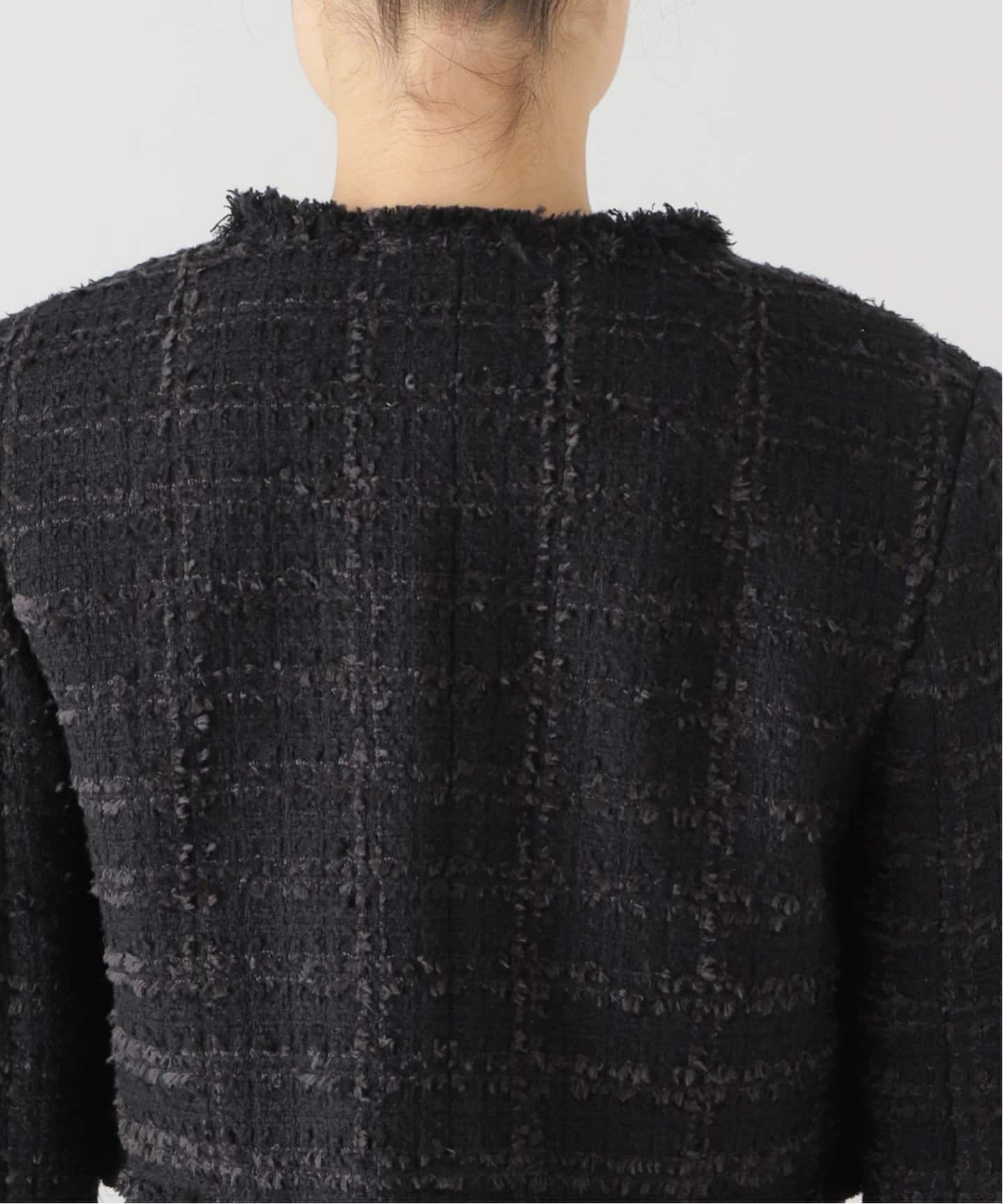 チェックツィードVネックショートジャケット（ノーカラー