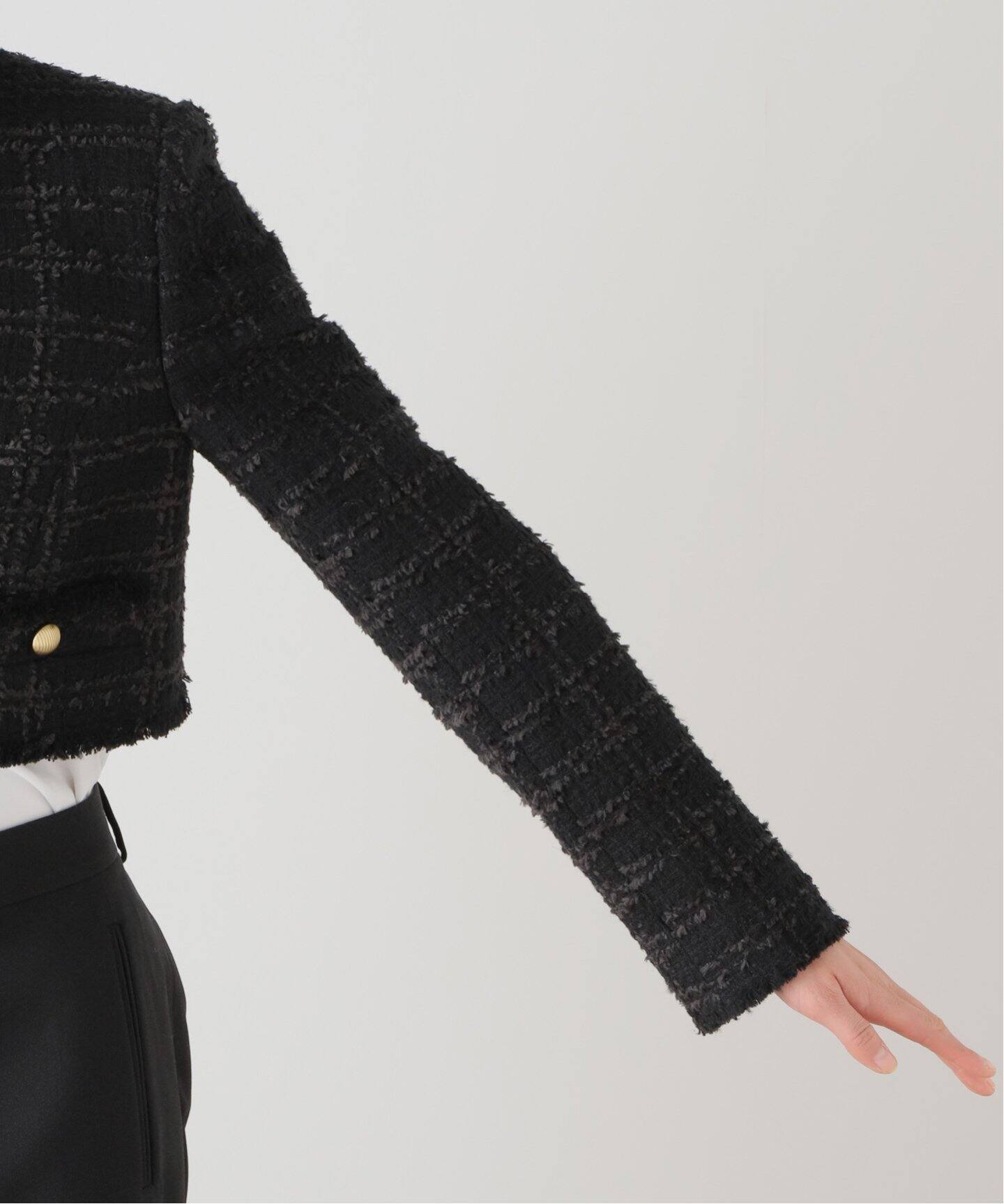 チェックツィードVネックショートジャケット（ノーカラージャケット