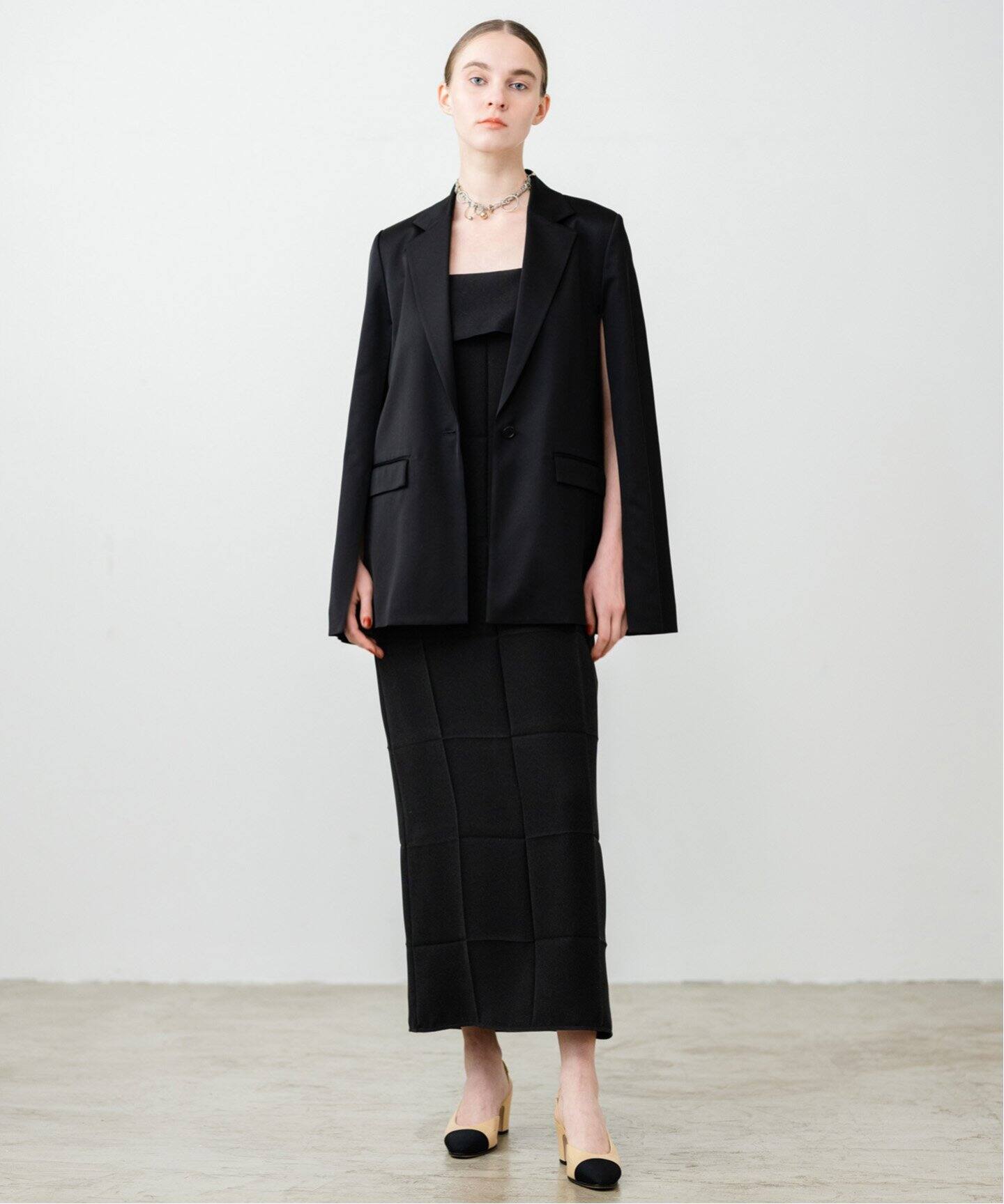 ELENI】テーラードケープジャケット（ノーカラージャケット）｜NOBLE  