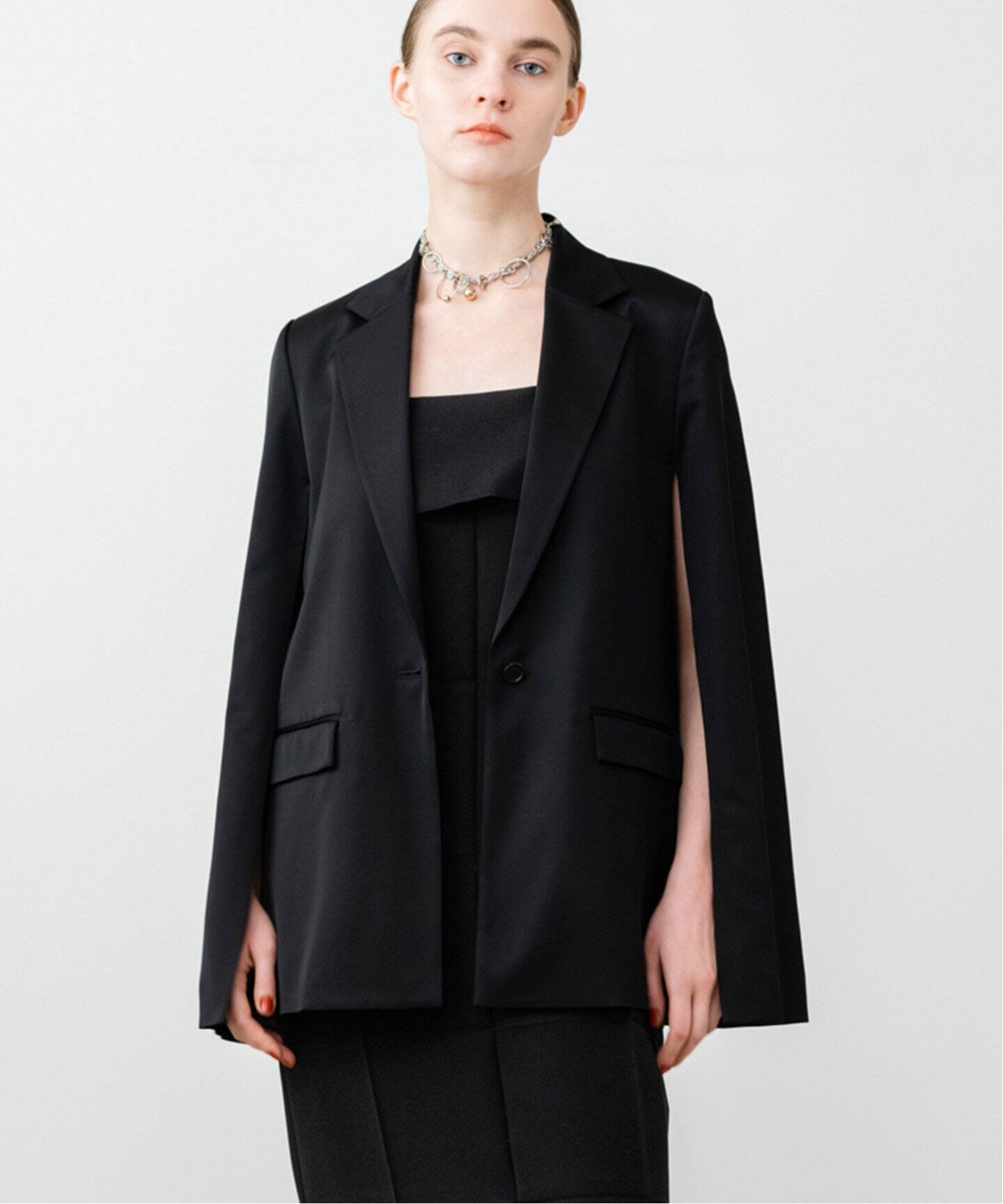 ELENI】テーラードケープジャケット（ノーカラージャケット）｜NOBLE  