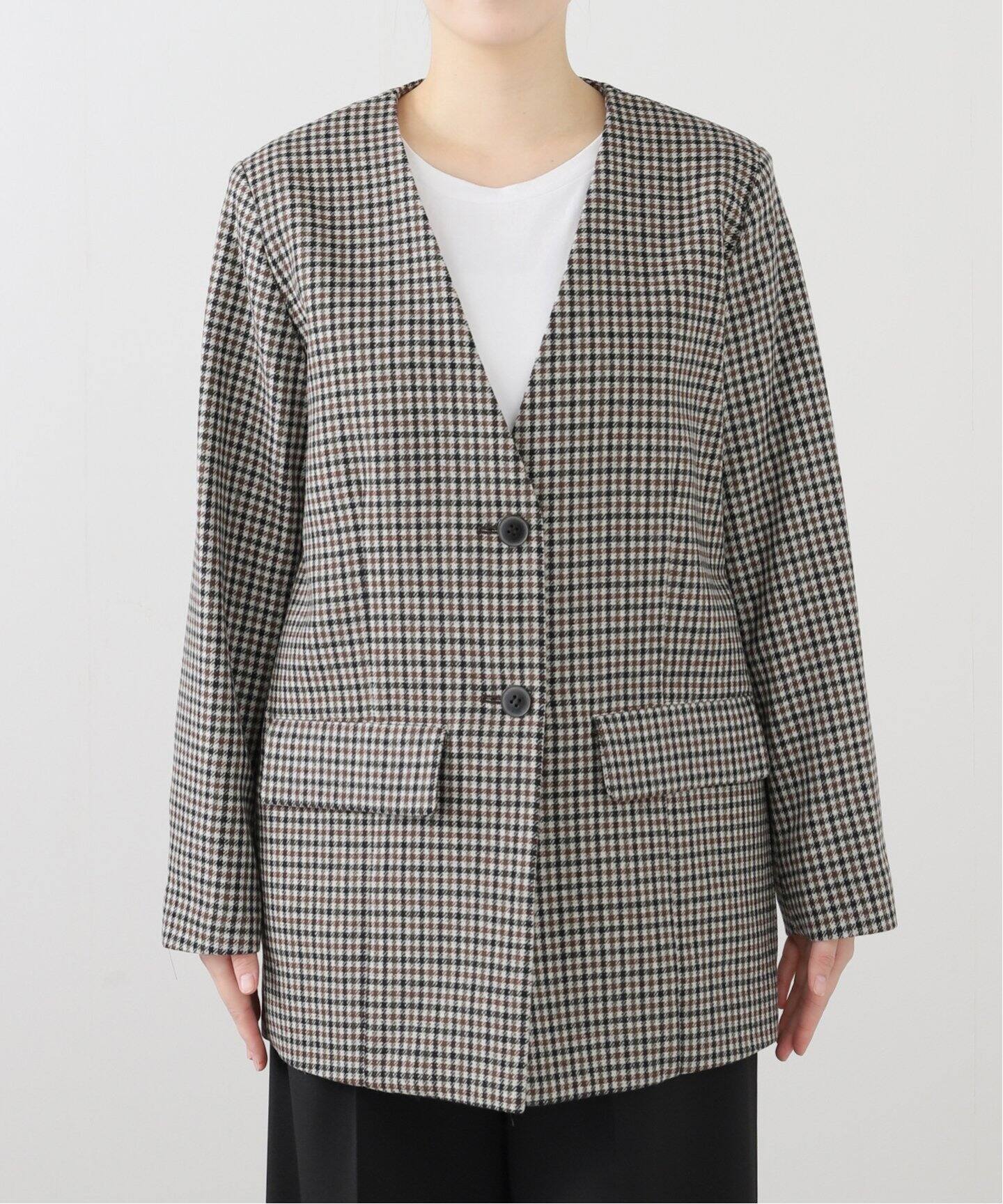 CASA FLINE/カーサフライン ノーカラーウールチェックジャケット（ノー  
