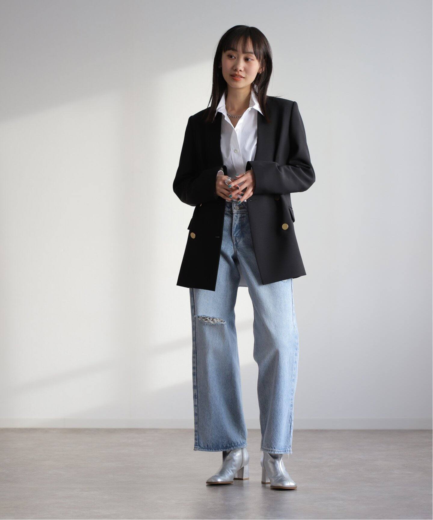 ヴィスポリーノ ノーカラーキンボタンジャケット（ノーカラー  