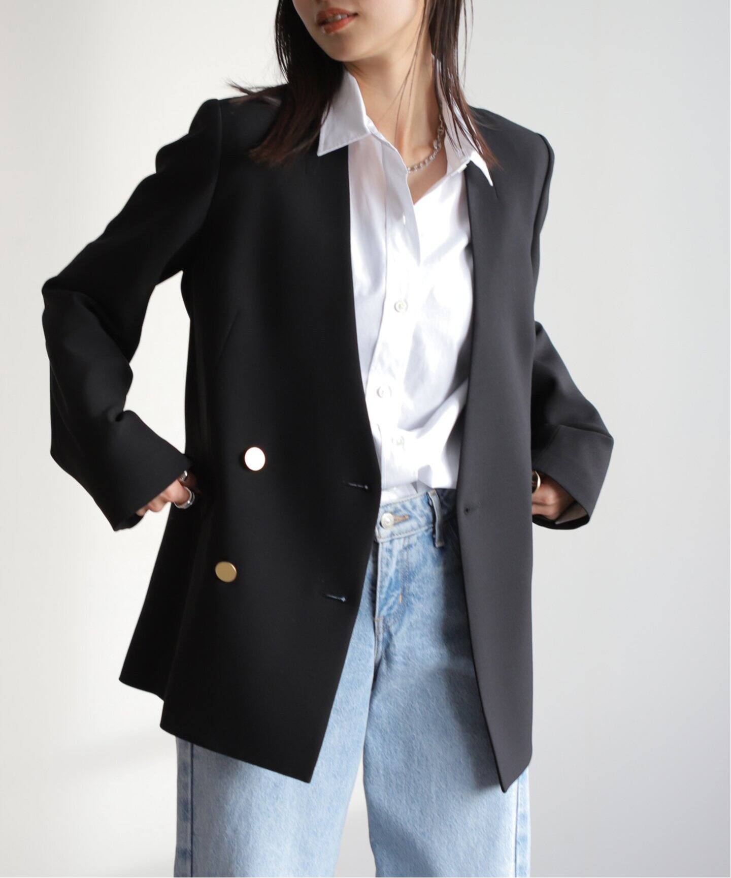 ヴィスポリーノ ノーカラーキンボタンジャケット（ノーカラー  