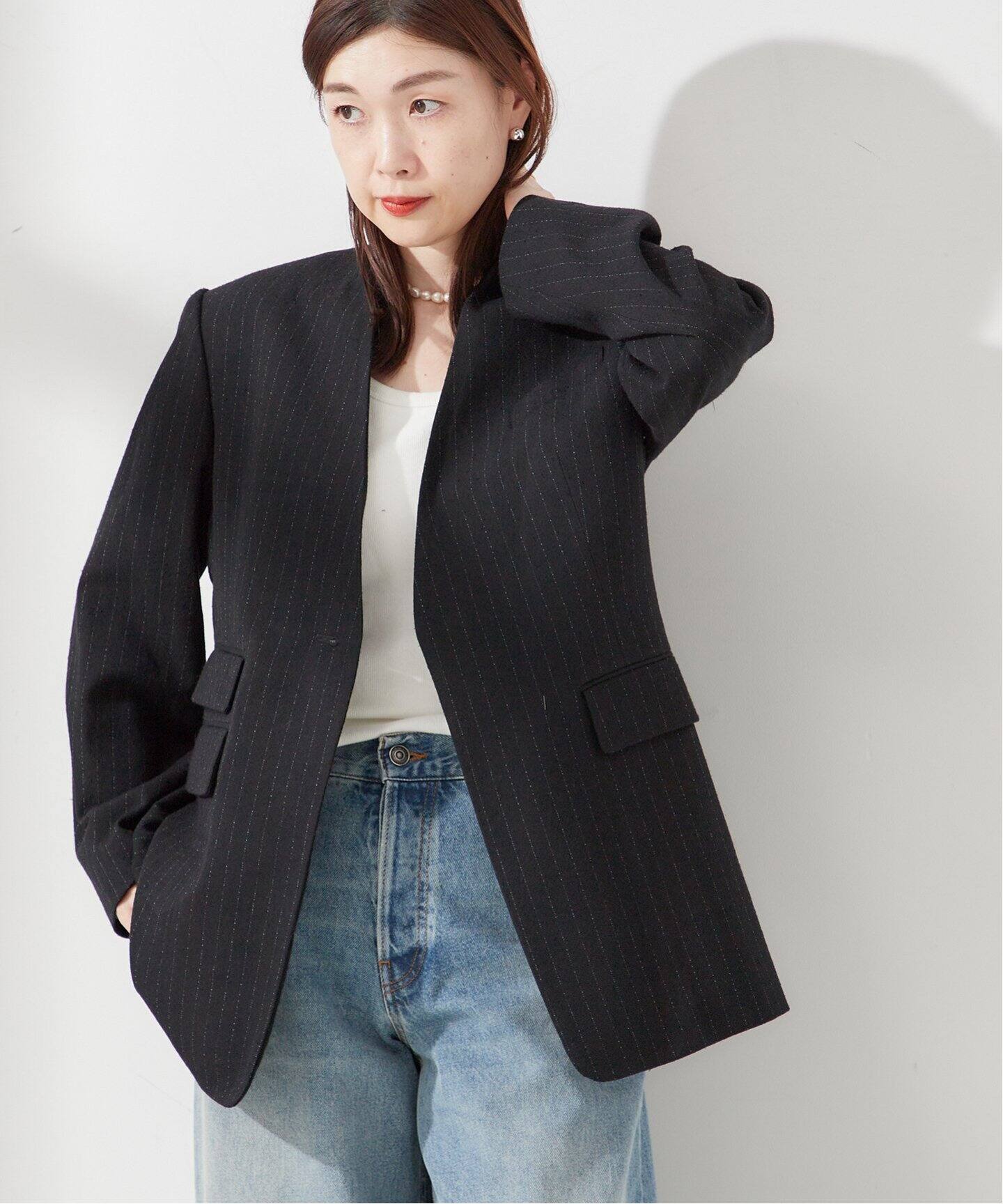 JANE SMITH/ジェーンスミス】WOOL SILK STRIPE NO COLLAR JA  