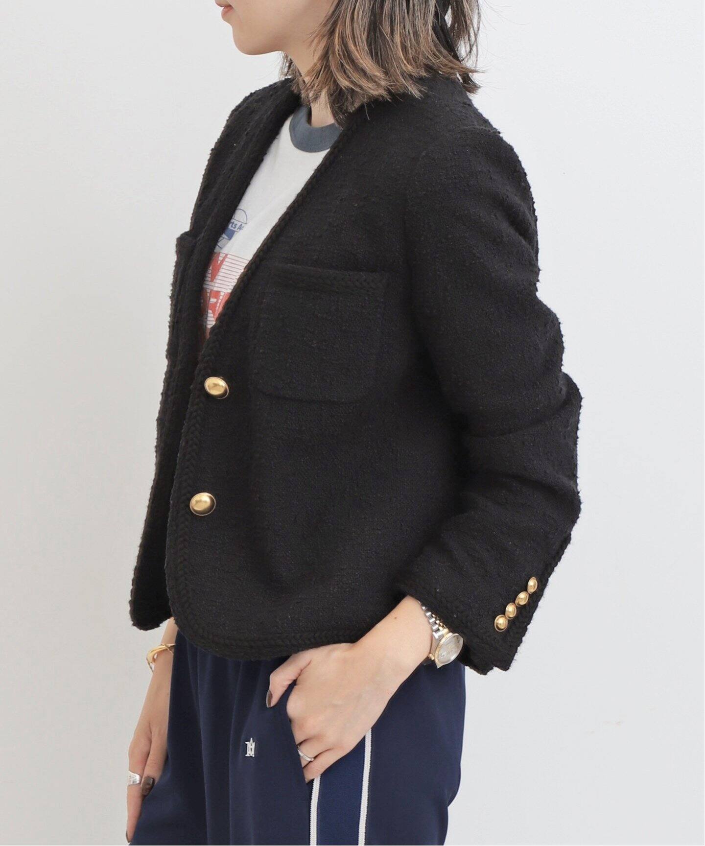Original Yarn Tweed Jacket（ノーカラージャケット）｜L