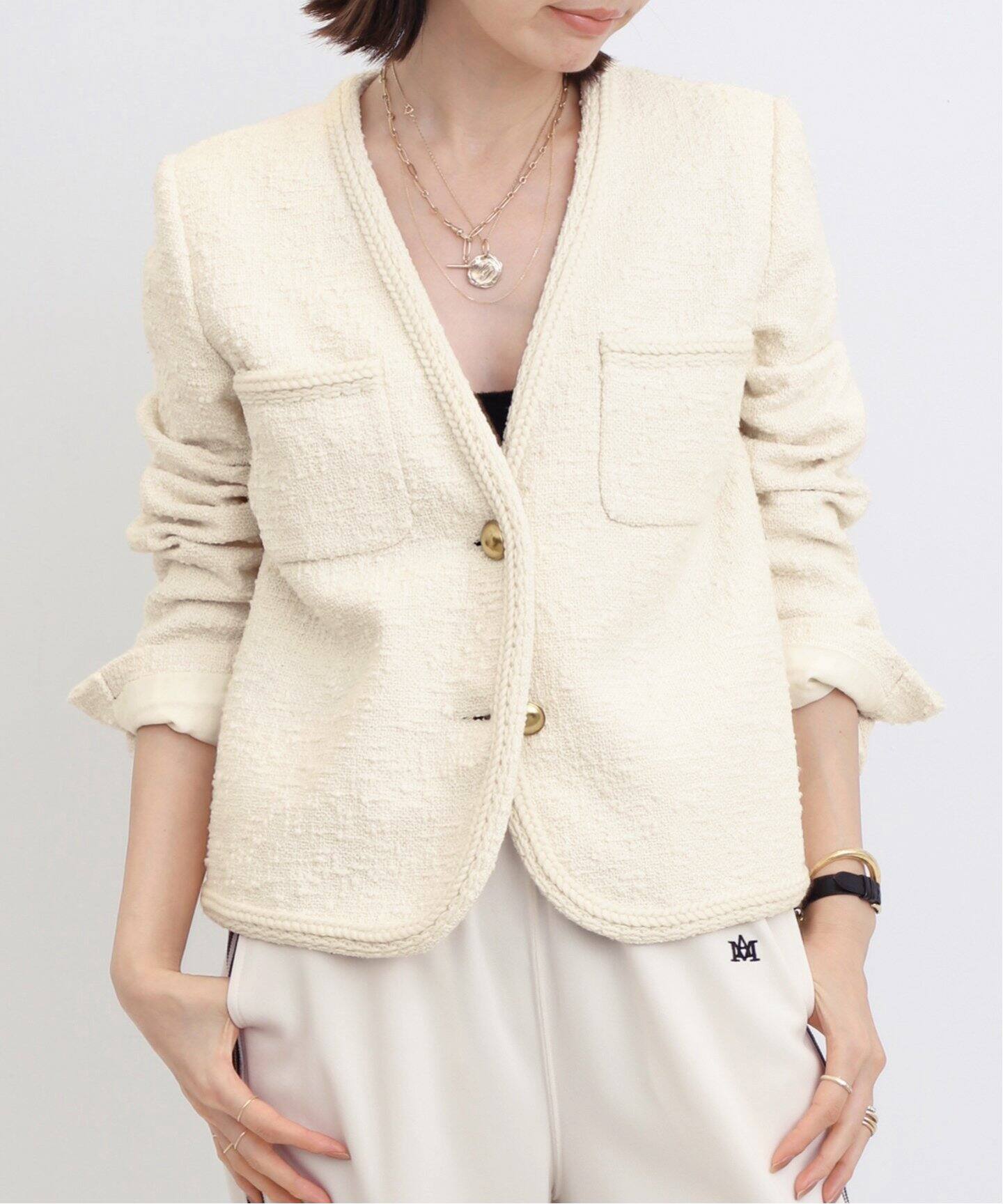 Original Yarn Tweed Jacket（ノーカラージャケット）｜L 