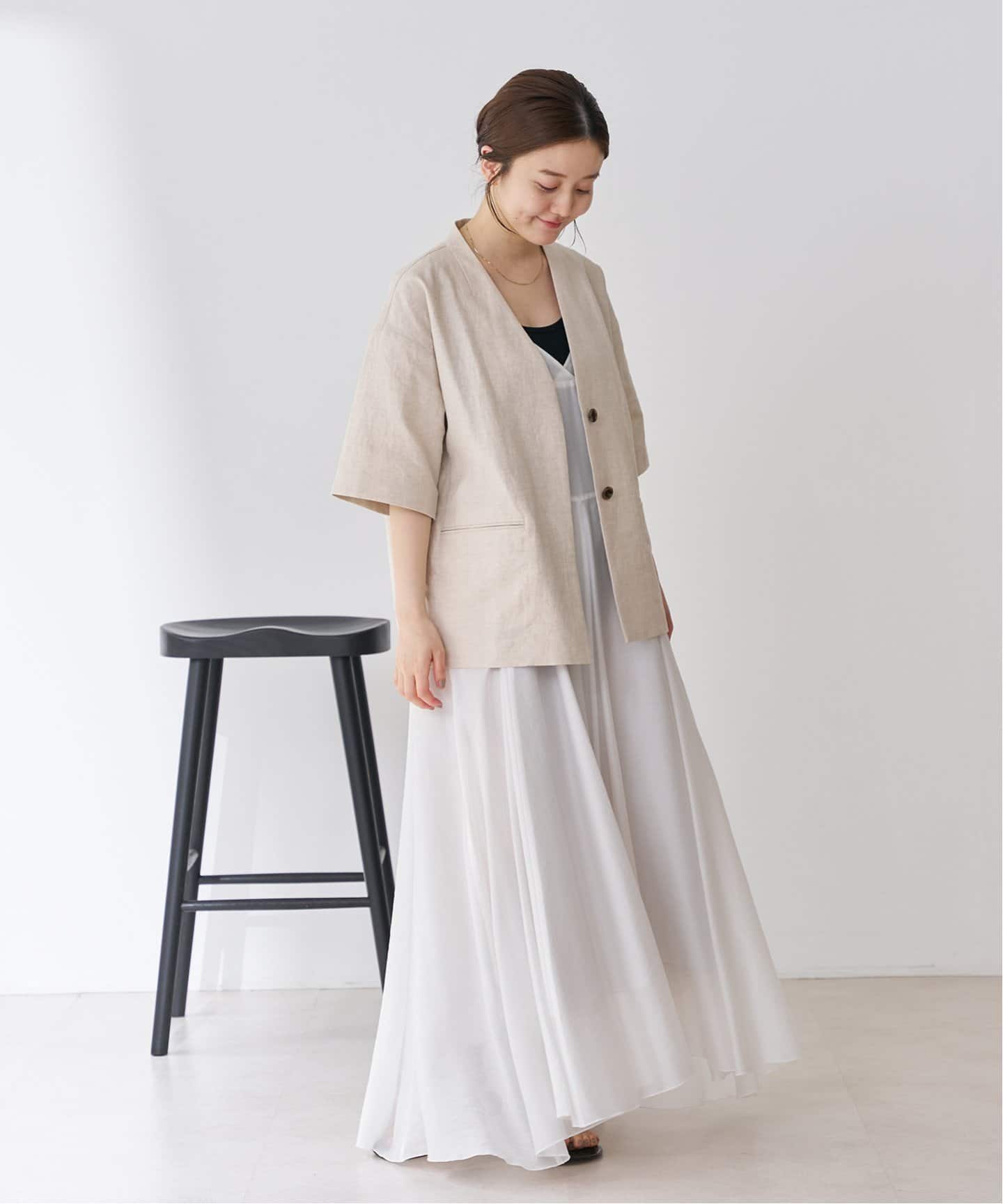 イエナ　リネン入りノーカラージャケット　ハーフスリーブ　ストレッチ入り リネン混ハーフスリーブジャケット（ノーカラージャケット）｜IENA