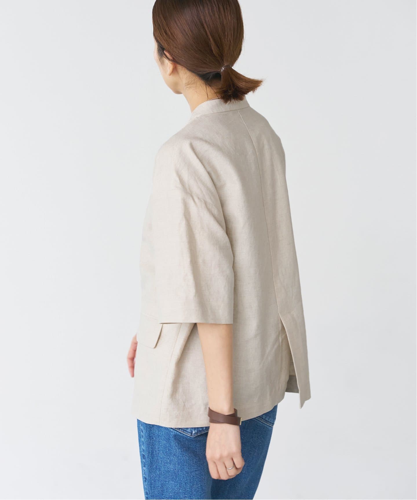 イエナ リネン入りノーカラージャケット ハーフスリーブ ストレッチ